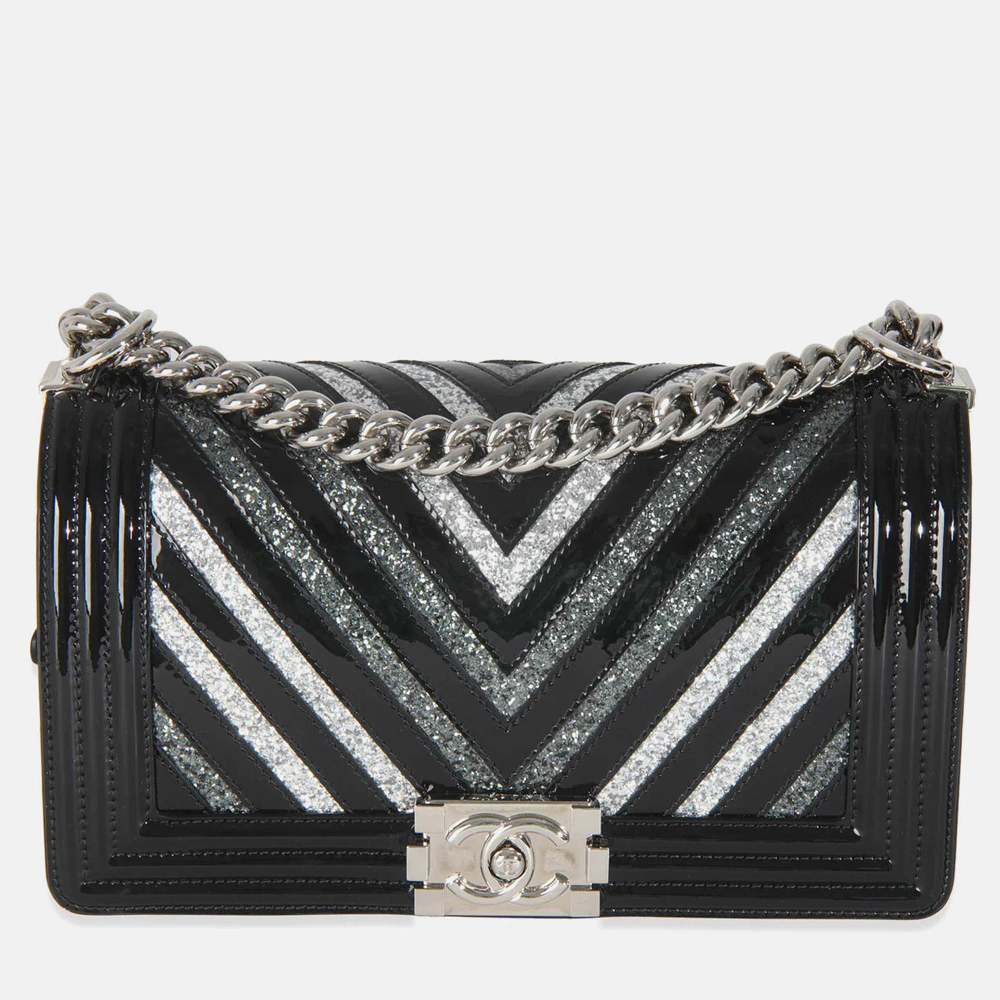 

Chanel Black Patent Chevron Glitter PVC Old Medium Boy Bag