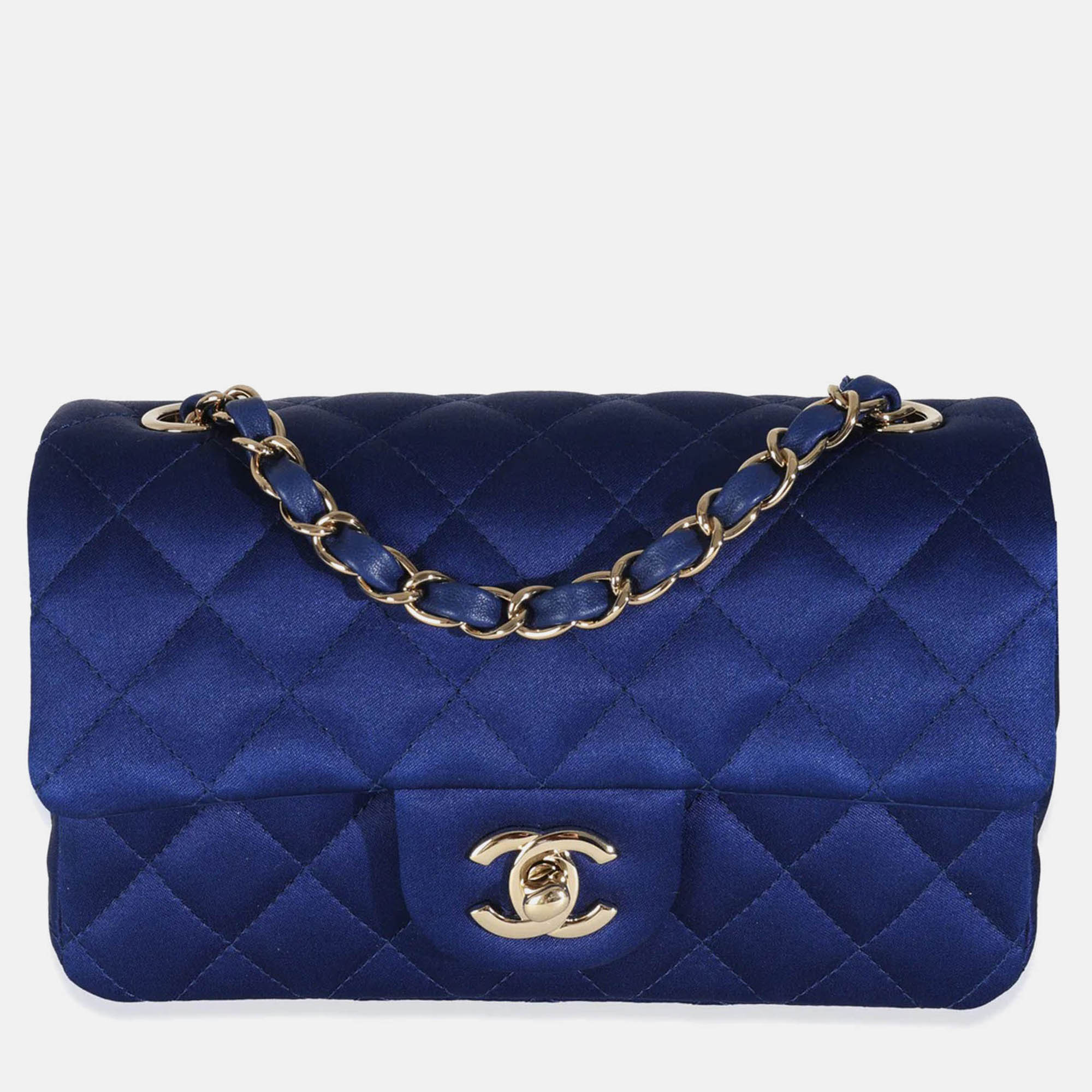 Pre-owned Chanel Navy Quilted Satin Mini Rectangular Classic Flap In Blue