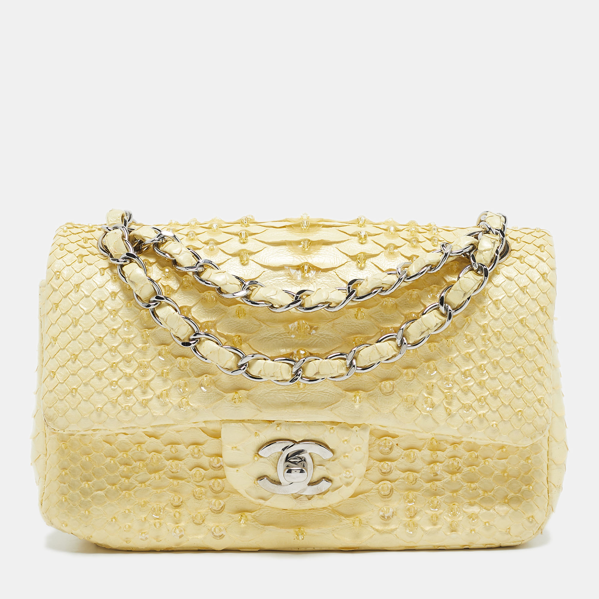 

Chanel Yellow Python Small Beaded Classic Single Flap Bag