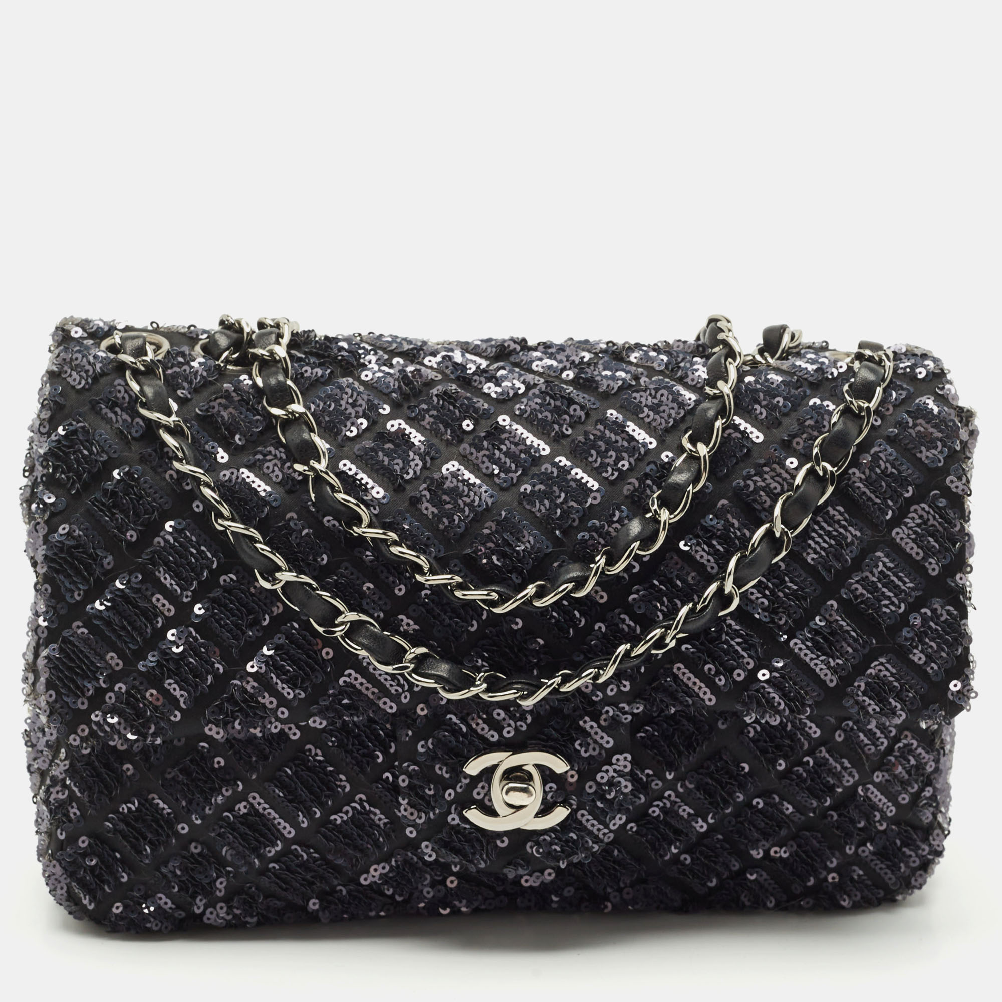 

Chanel Navy Blue/Black Quilted Sequins and Satin Medium Classic Single Flap Bag