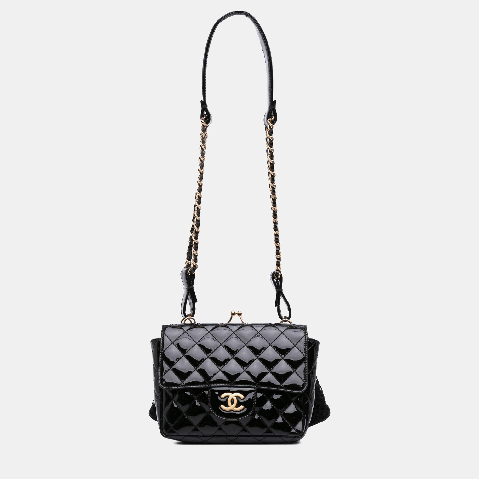

Chanel Black Mini Patent Lace Kiss Lock Flap Double Bag