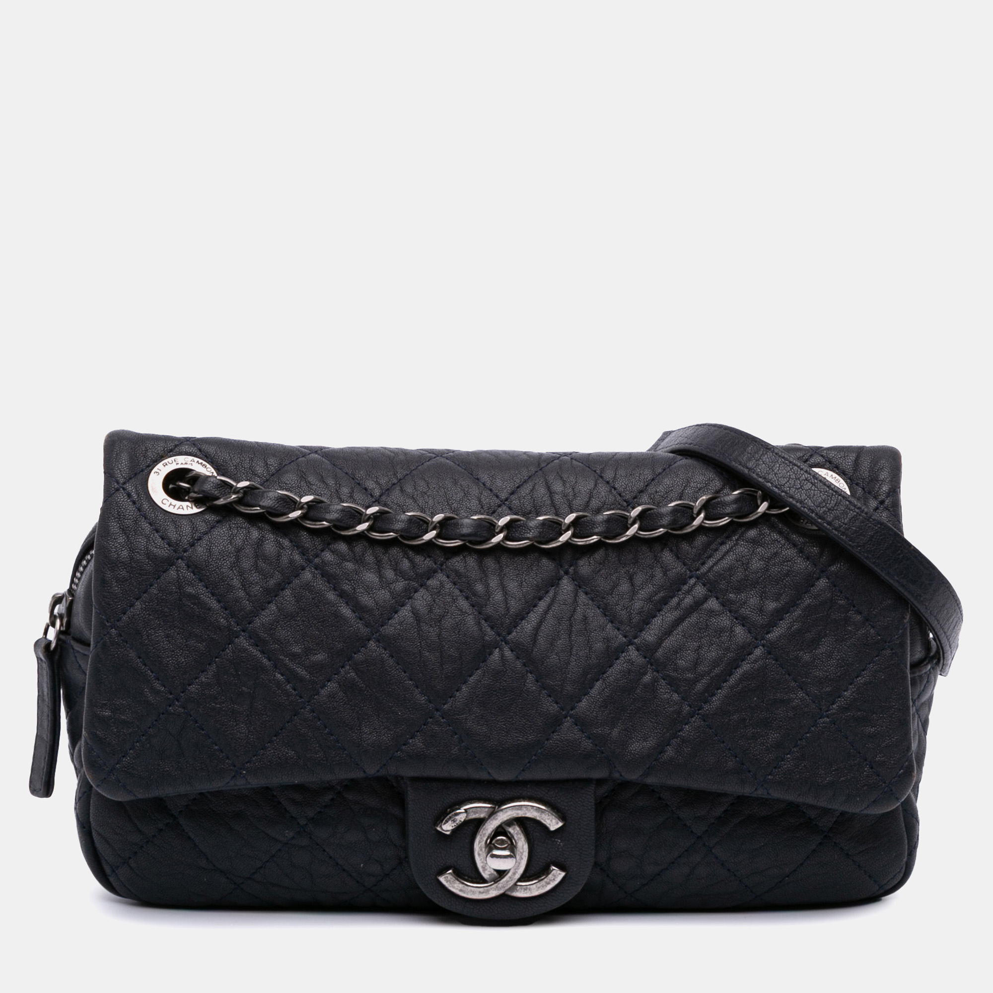 Pre-owned Chanel Navy Blue Small Quilted Distressed Calfskin Easy Flap