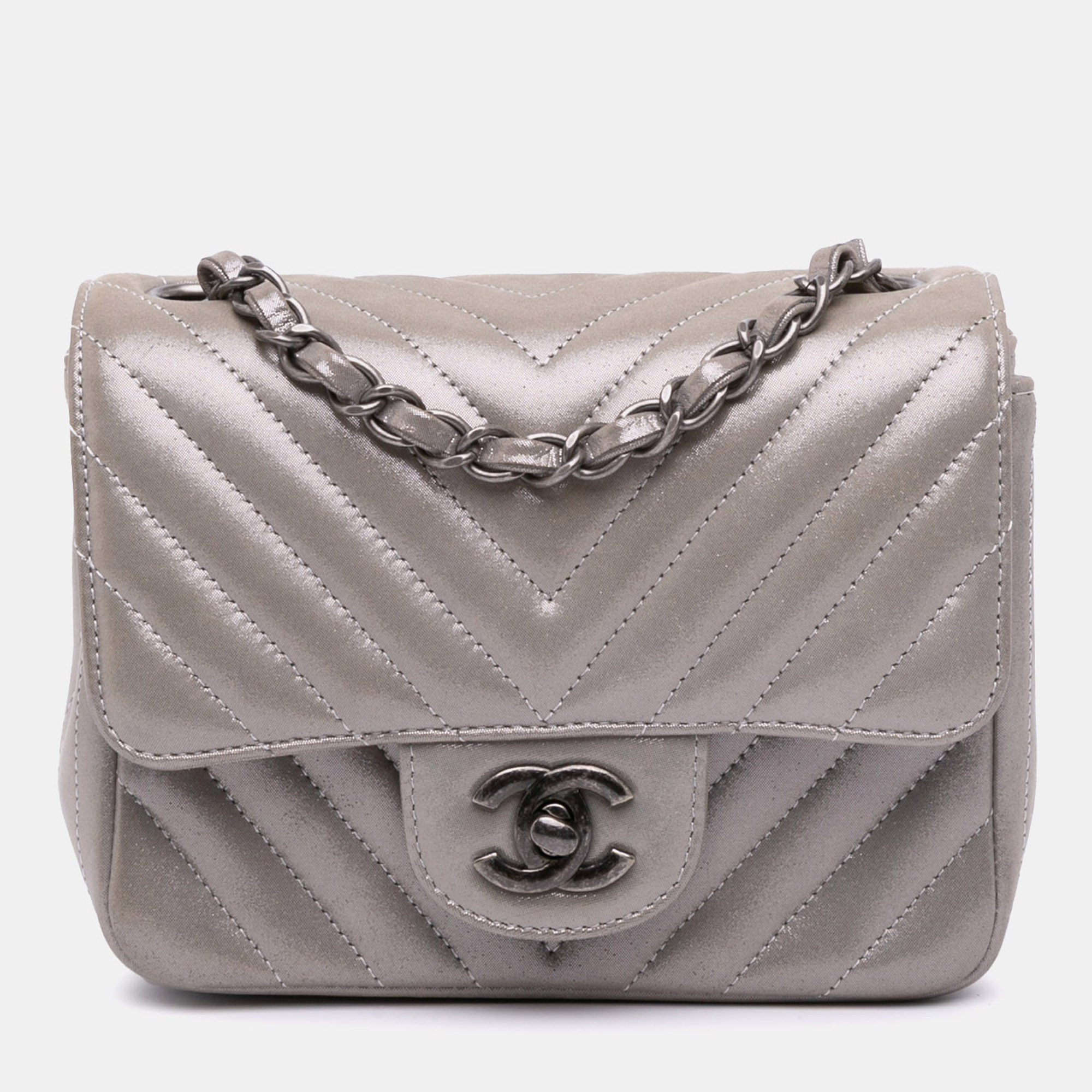 

Chanel Brown Mini Square Classic Chevron Iridescent Calfskin Single Flap