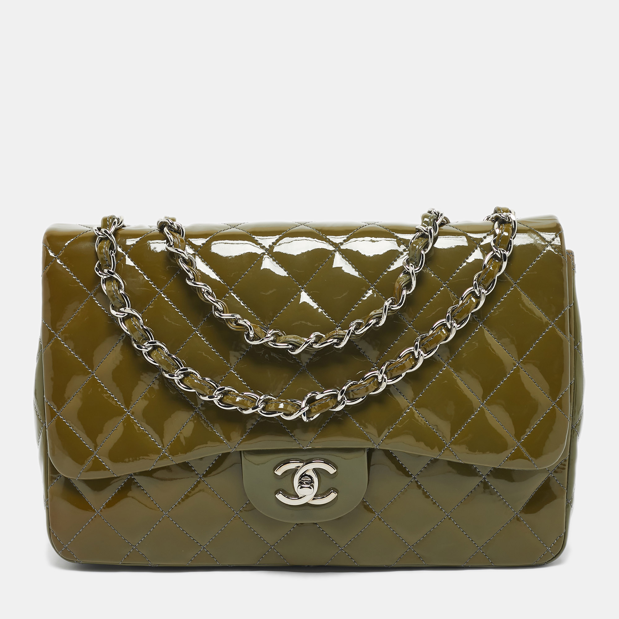 

Chanel Green Quilted Patent Leather Jumbo Classic Single Flap Bag