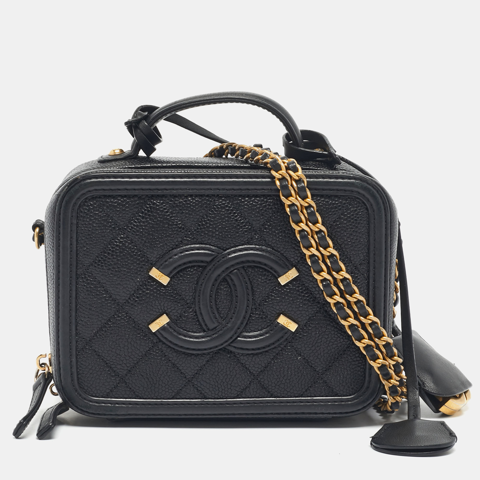 

Chanel Black Quilted Caviar Leather Small CC Filigree Vanity Case Bag