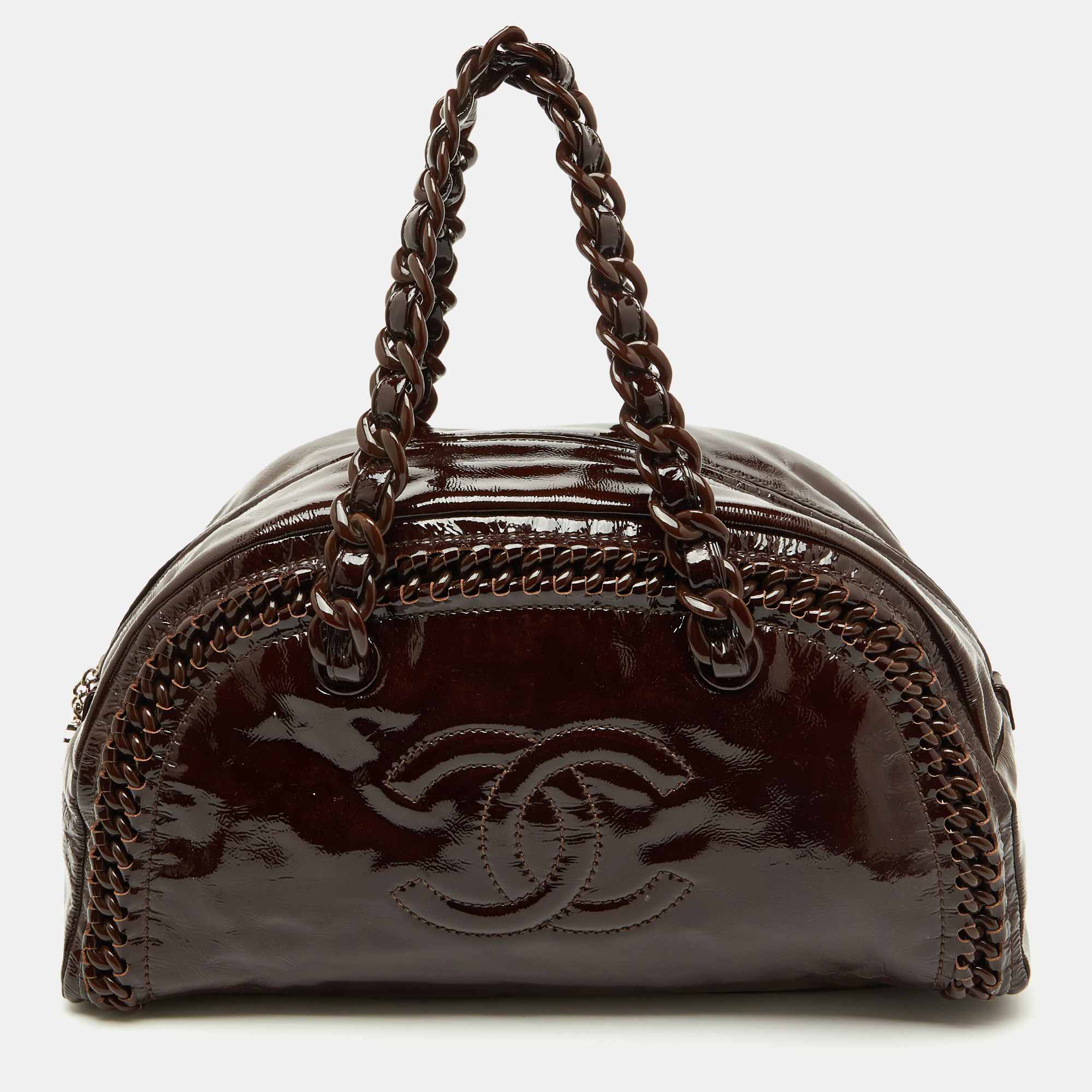 

Chanel Dark Brown Patent Leather Large Luxe Ligne Bowler Bag