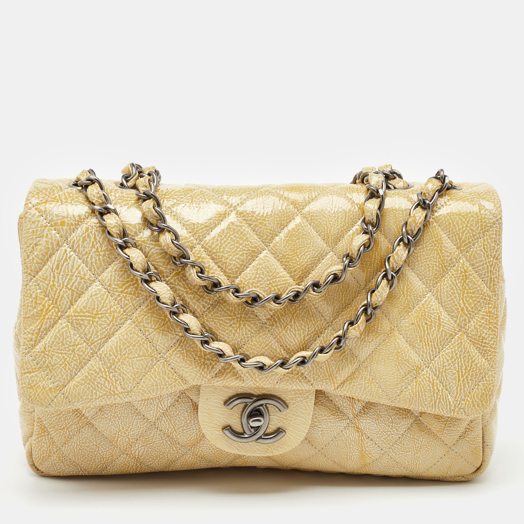 

Chanel Yellow Quilted Pattern Patent Leather Jumbo Classic Single Flap Bag