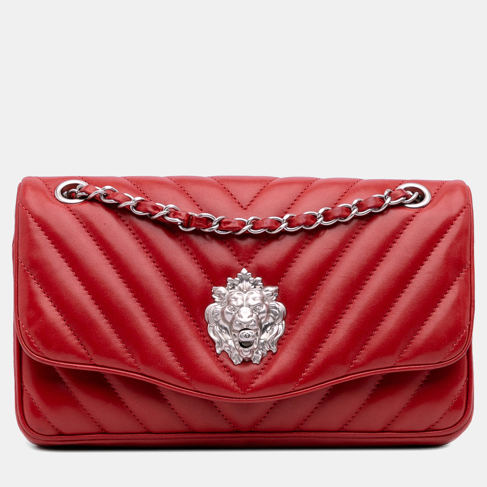 

Chanel Red Medium Chevron Lambskin Leo Lion Flap Bag