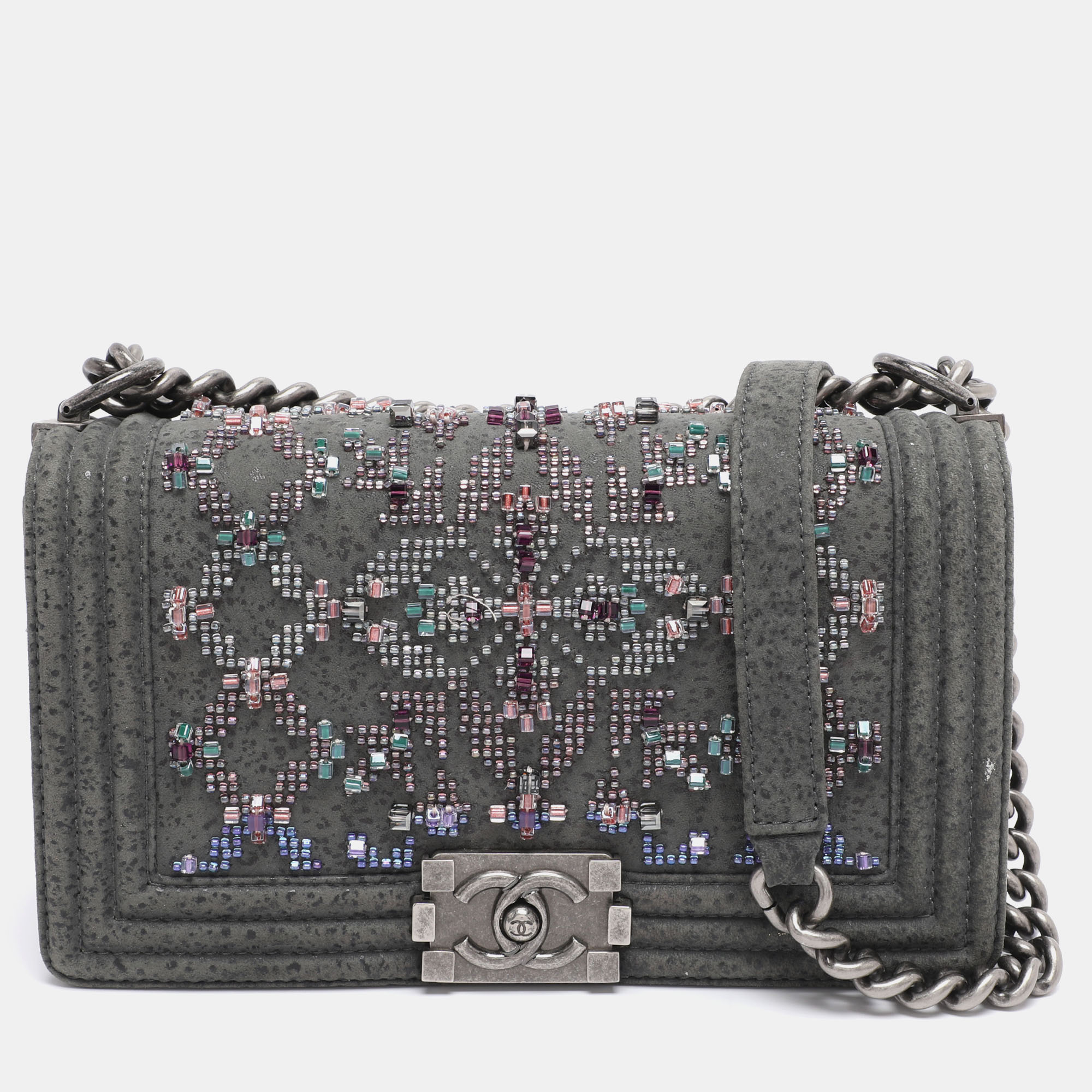 

Chanel Grey Textured Suede Beads Embellishment Medium Boy Flap Bag