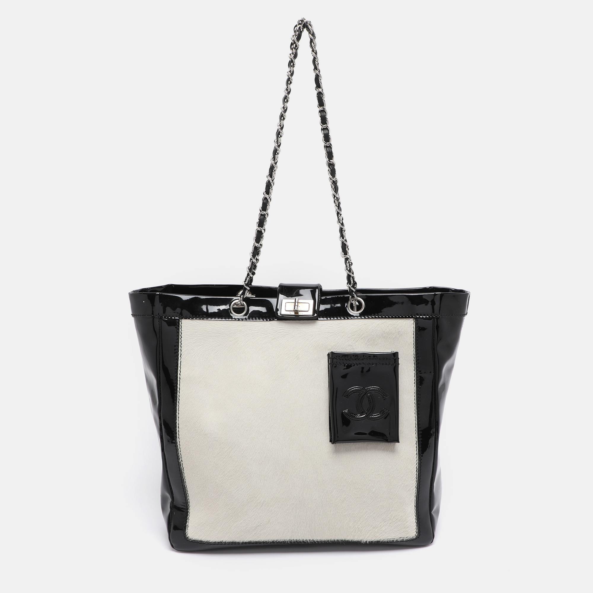 Pre-owned Chanel Black/white Patent Leather And Calf Hair Reissue Runway Chain Tote