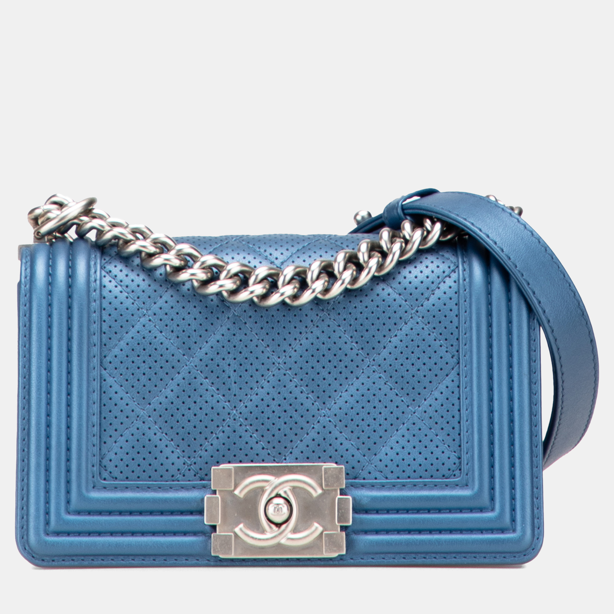 

Chanel Blue Small Quilted Perforated Metallic Lambskin Boy Flap