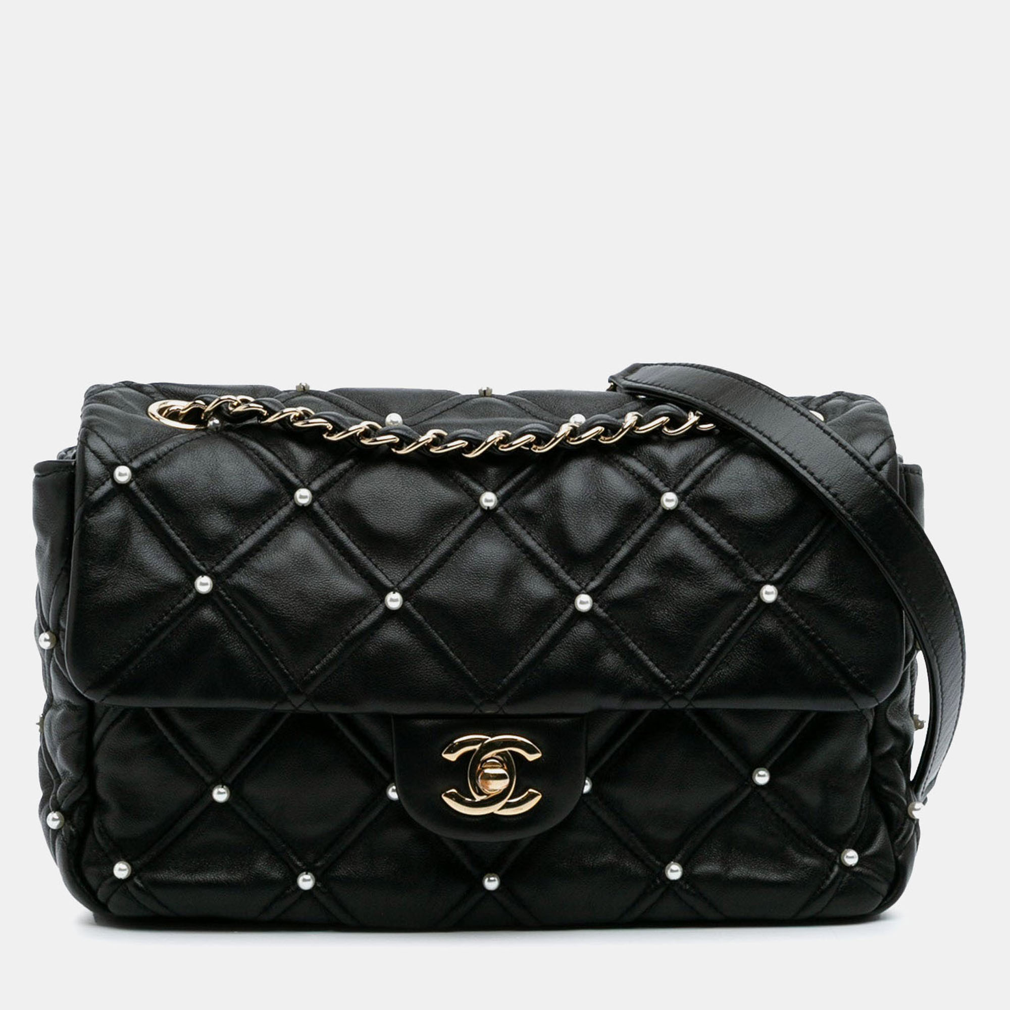 

Chanel Medium Pearl Studs Flap Black Quilted Lambskin Shoulder Bag