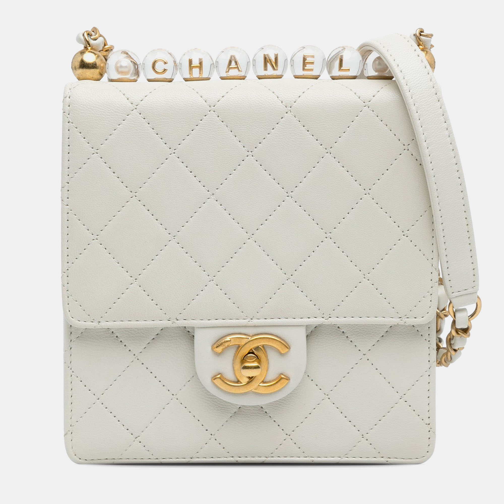 

Chanel Chic Pearls Flap Small Lambskin Shoulder Bag, White