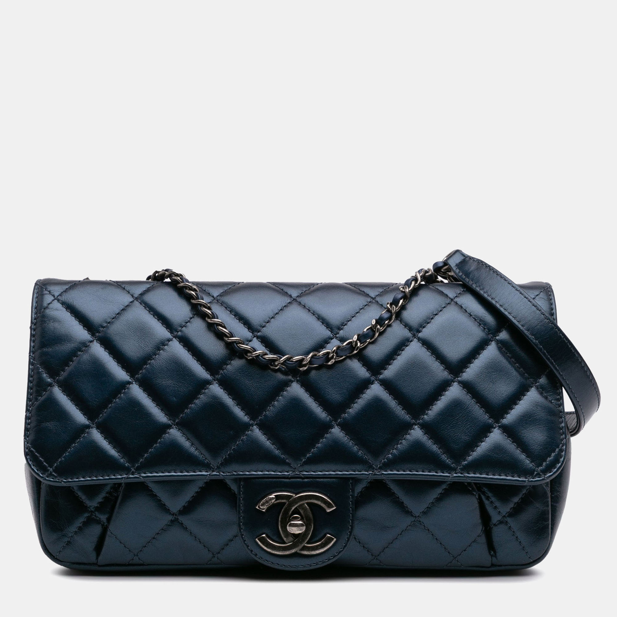 

Chanel Coco Pleats Flap Quilted Glazed Calfskin Shoulder Bag, Blue