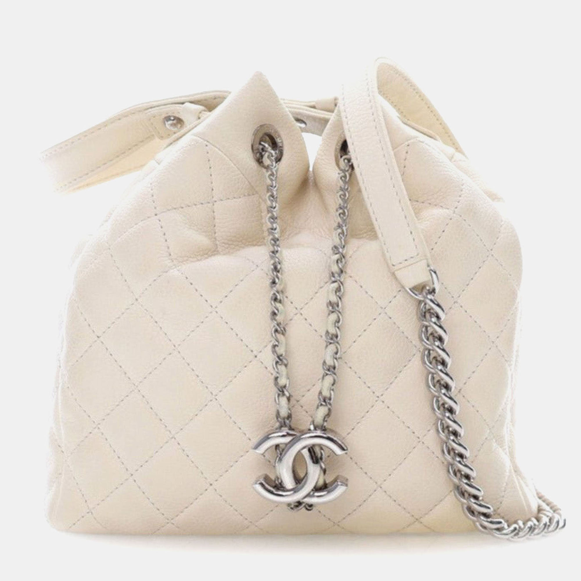 

Chanel Flat Drawstring Chain Small Quilted Caviar Bucket Bag, White