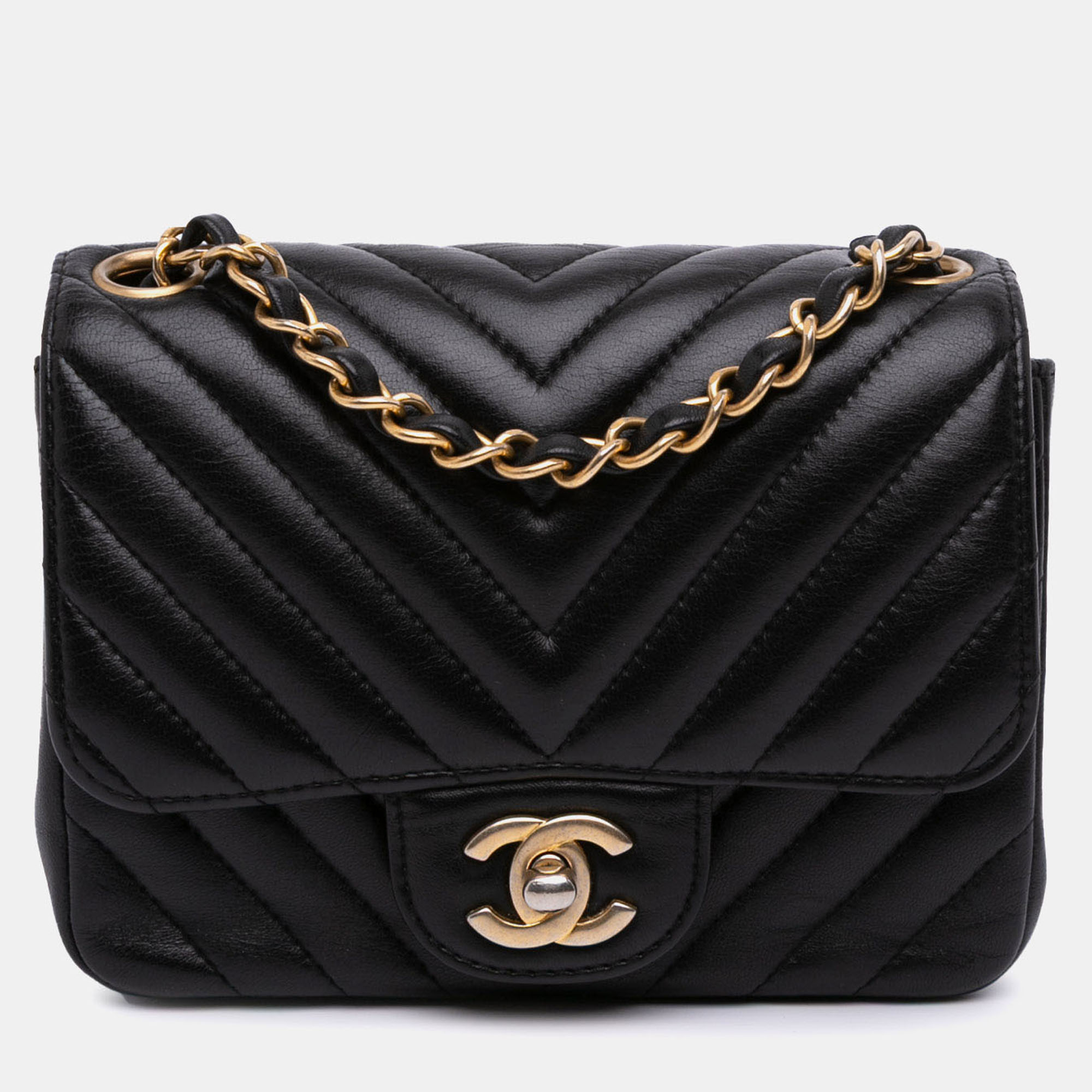 

Chanel Black Mini Square Classic Chevron Lambskin Single Flap Bag