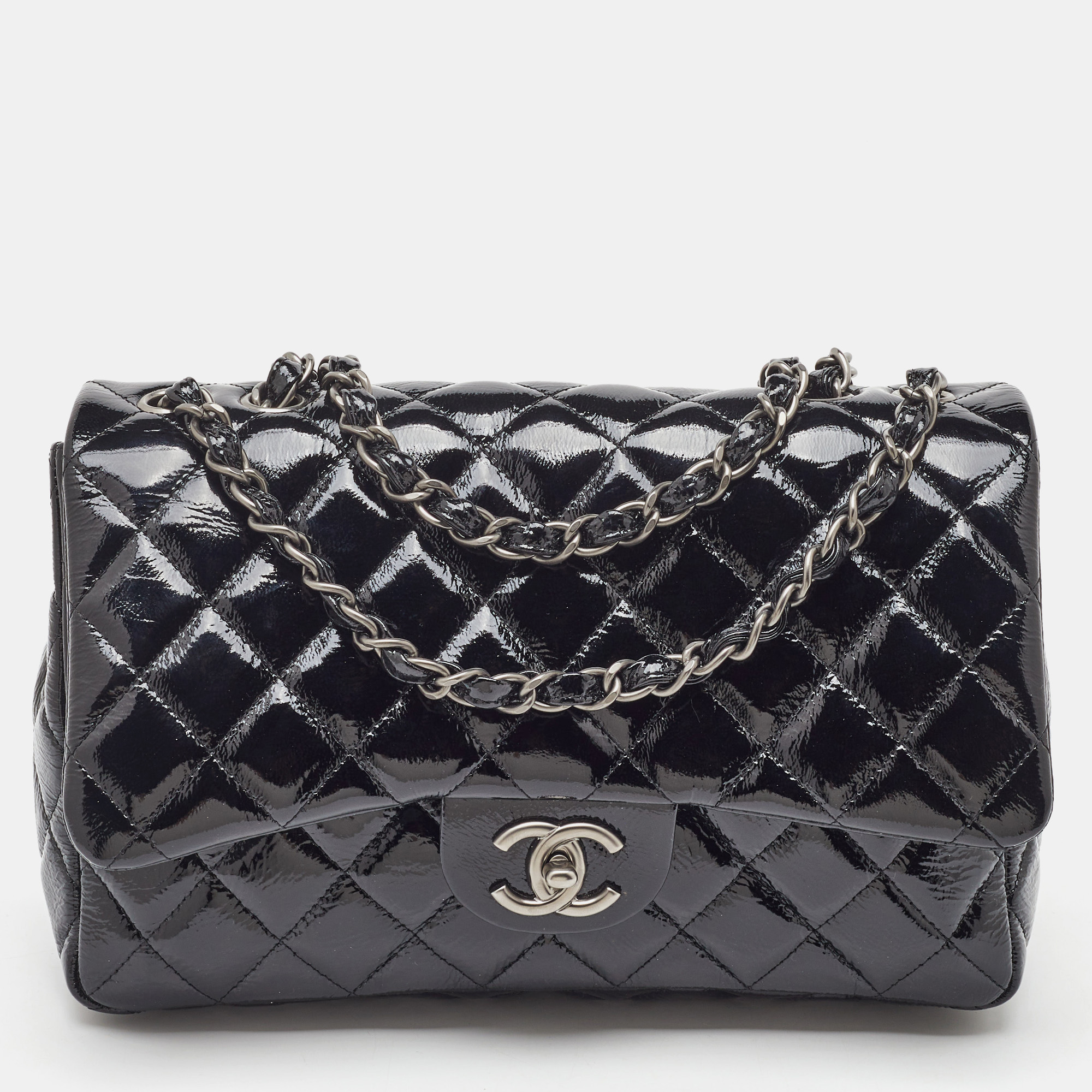 

Chanel Black Quilted Patent Leather Jumbo Classic Single Flap Bag