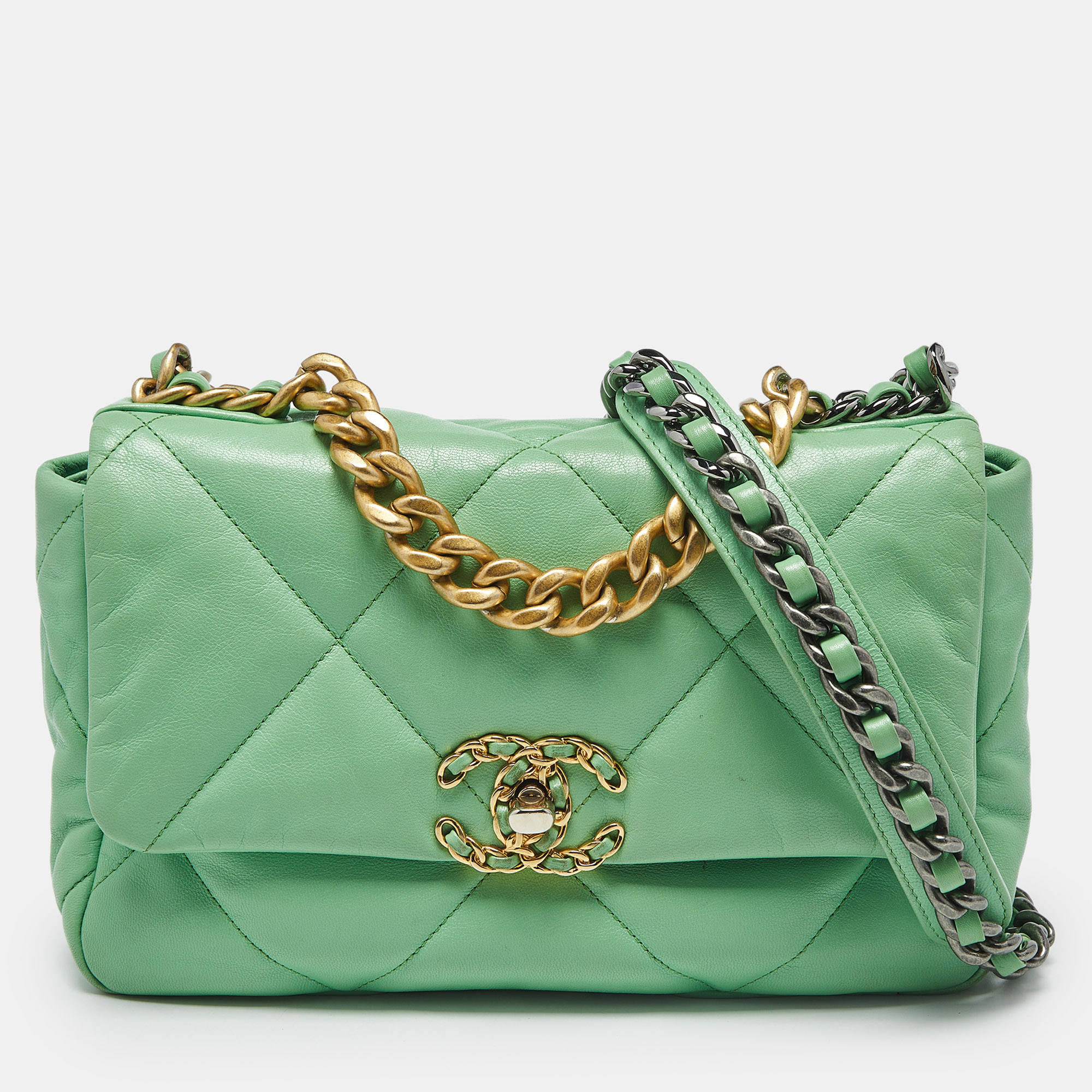 

Chanel Light Green Quilted Leather  19 Flap Bag