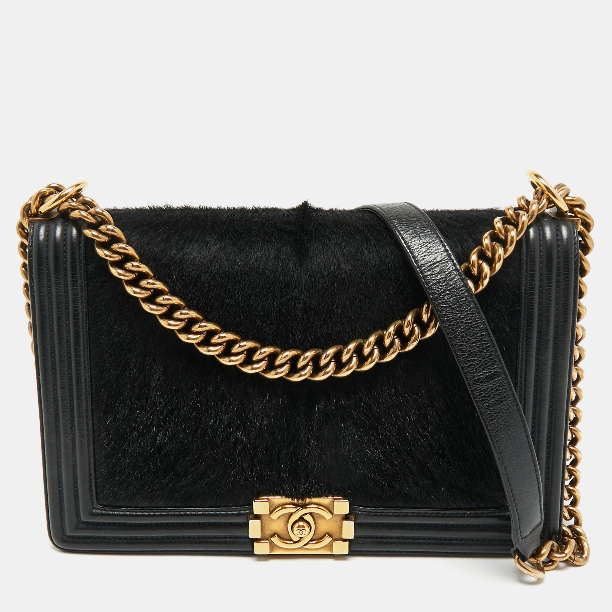 

Chanel Black Calf Hair and Leather New  Boy Flap Bag