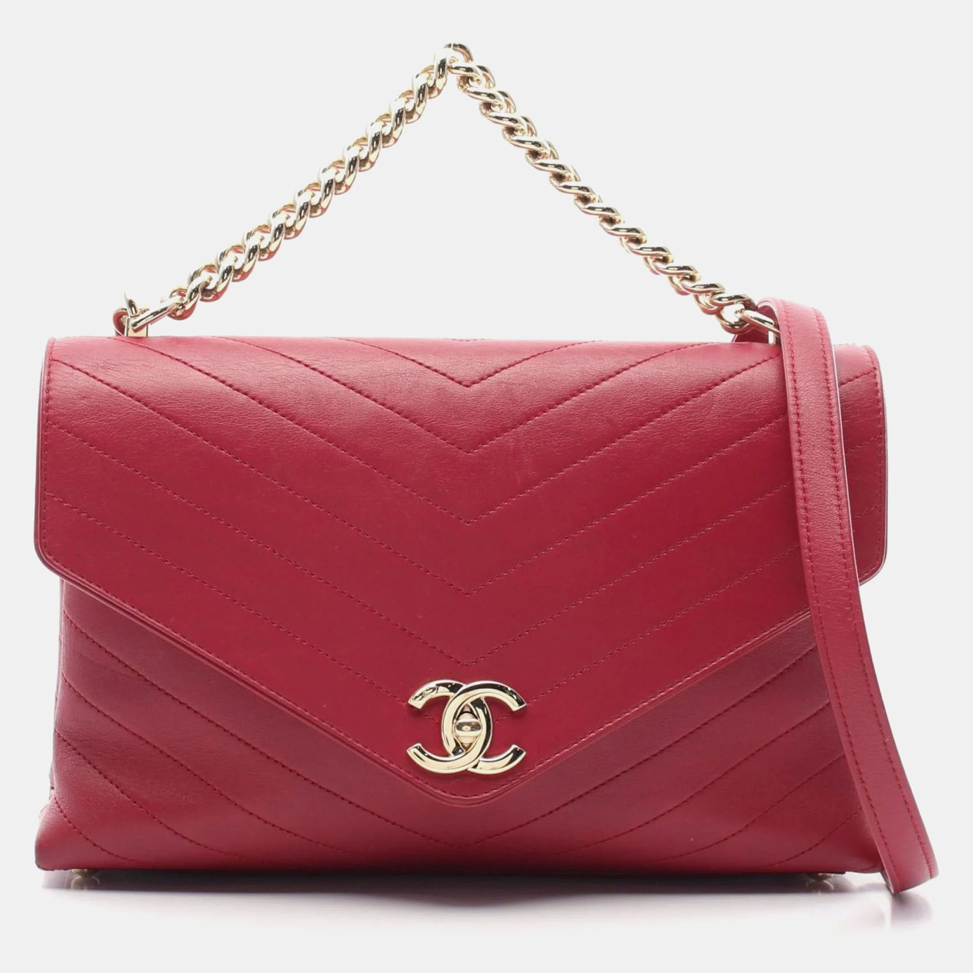 

Chanel V-Stitched Chevron Shoulder Bag Leather Red