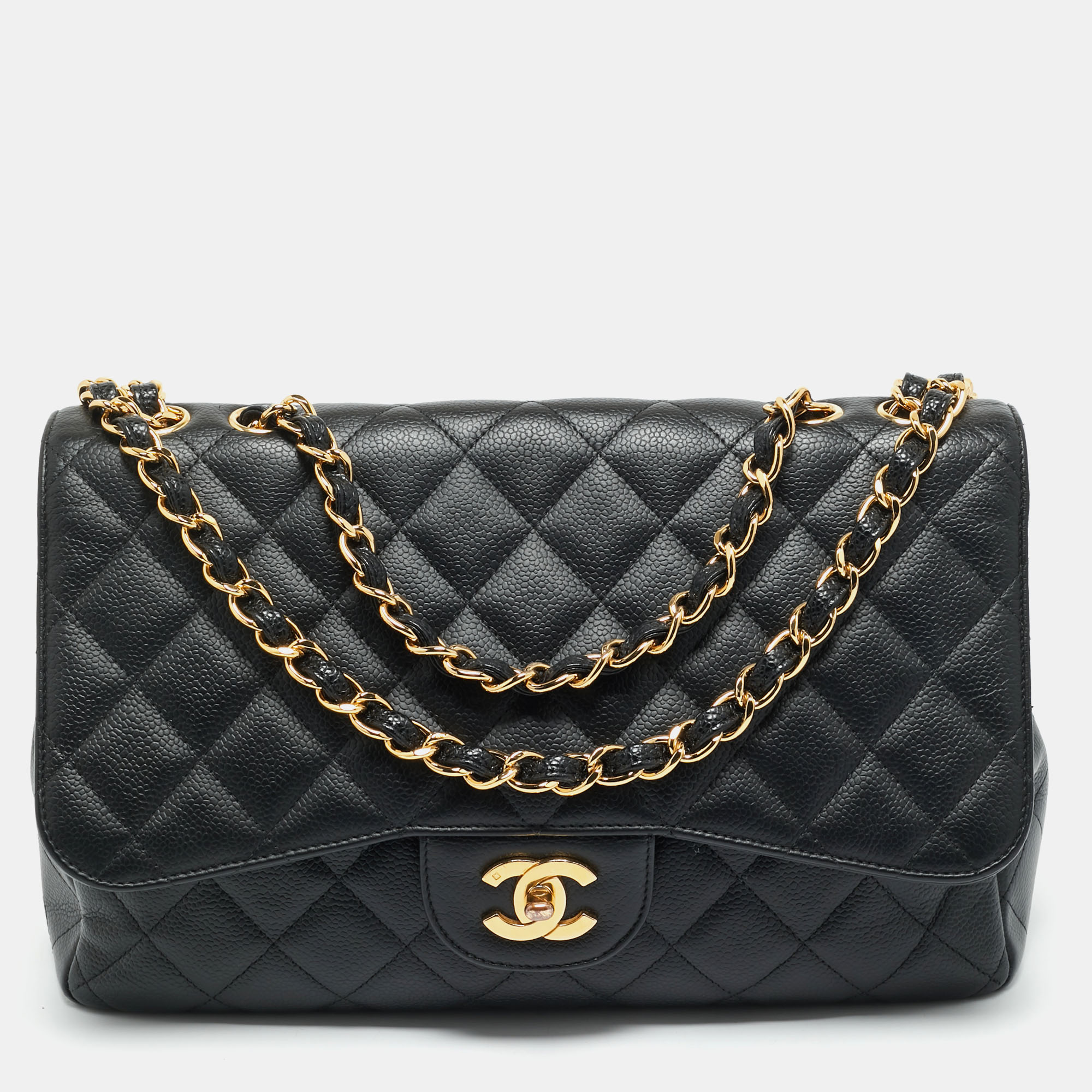 

Chanel Black Quilted Caviar Leather Jumbo Classic Single Flap Bag