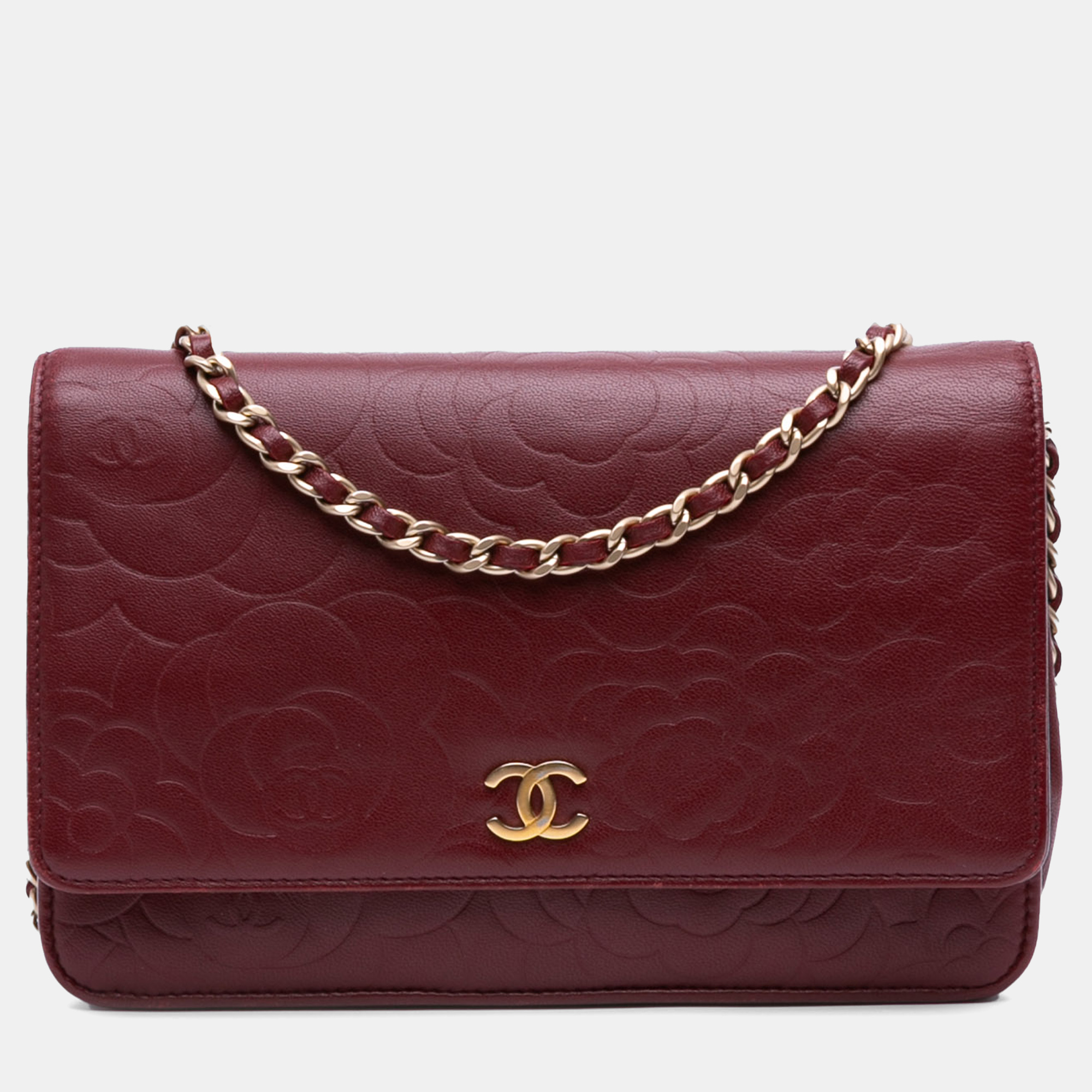 

Chanel Red Embossed Lambskin Camellia Wallet On Chain