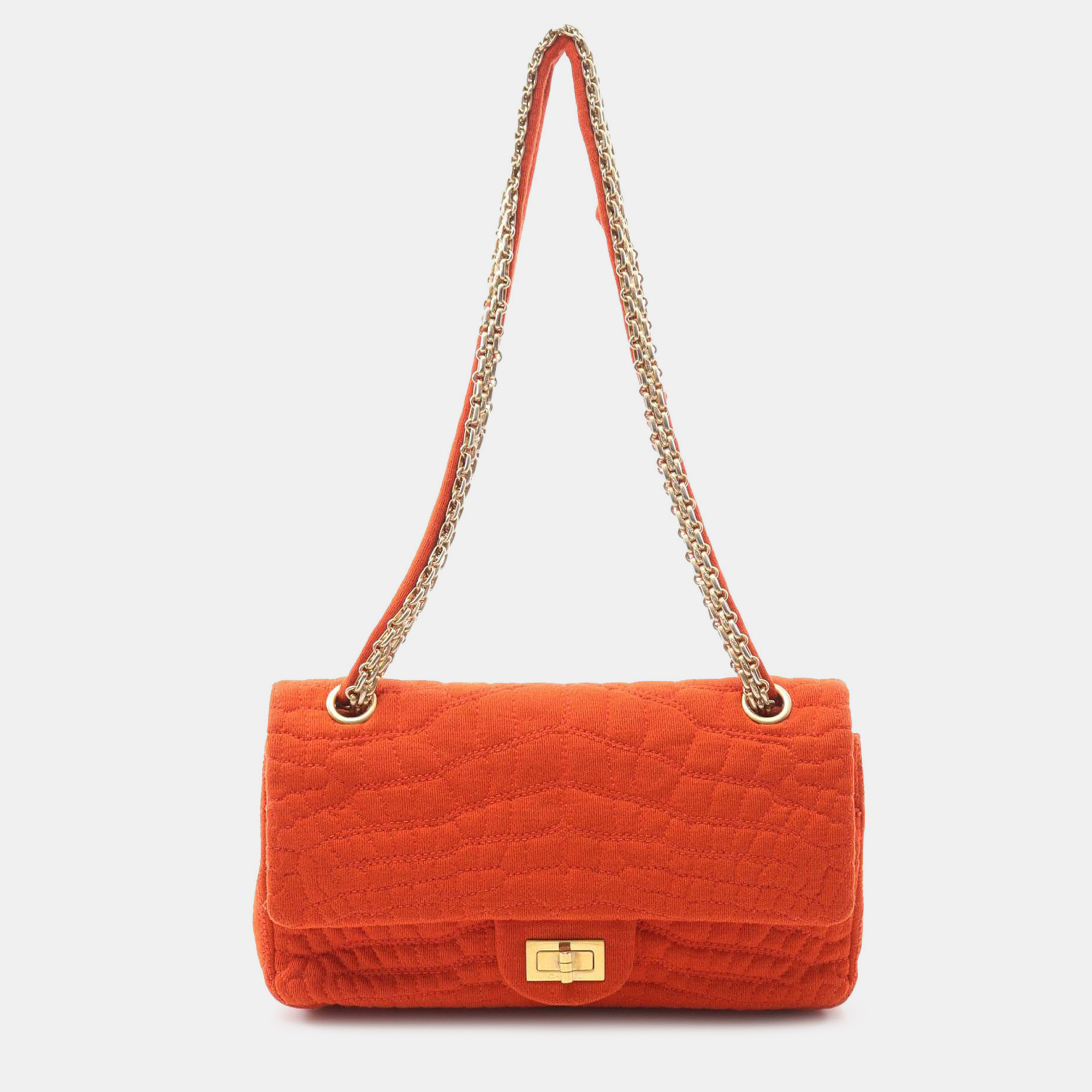 

Chanel Orange Reissue 2.55 Quilted Jersey Coco Croc Double Flap 225