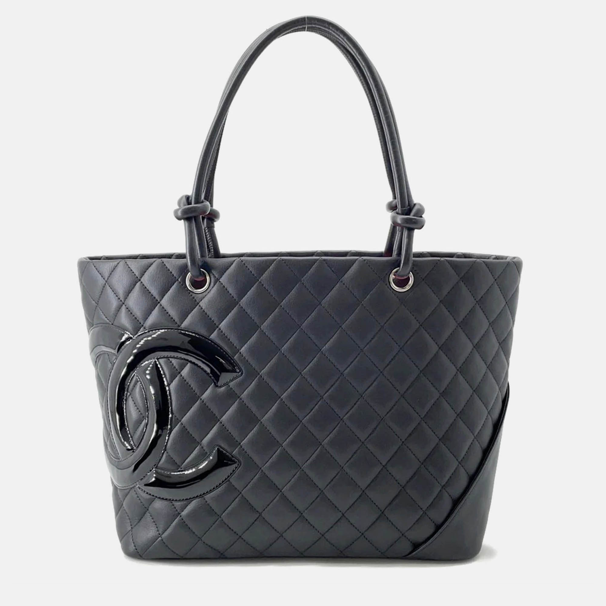 Pre-owned Chanel Cambon Line Tote Bag Black Leather Size Large