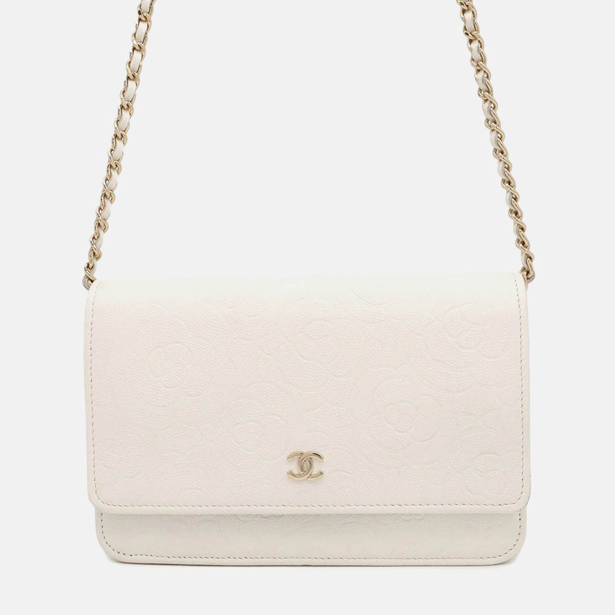 Pre-owned Chanel Camellia Chain Wallet Camellia Parts Chain White Caviar Leather