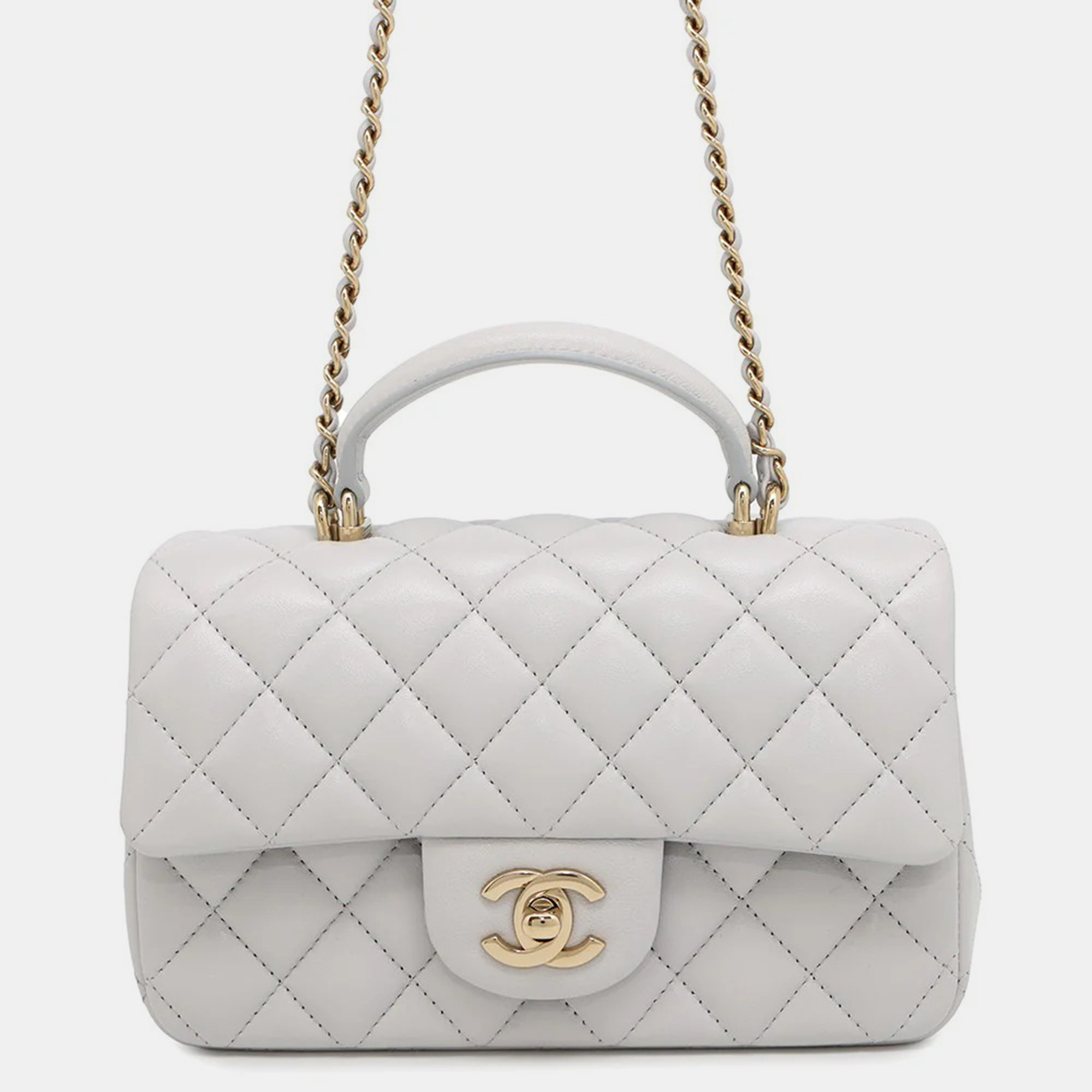 

Chanel Matelasse Top Handle Mini Flap Bag Light Gray Lambskin, Grey