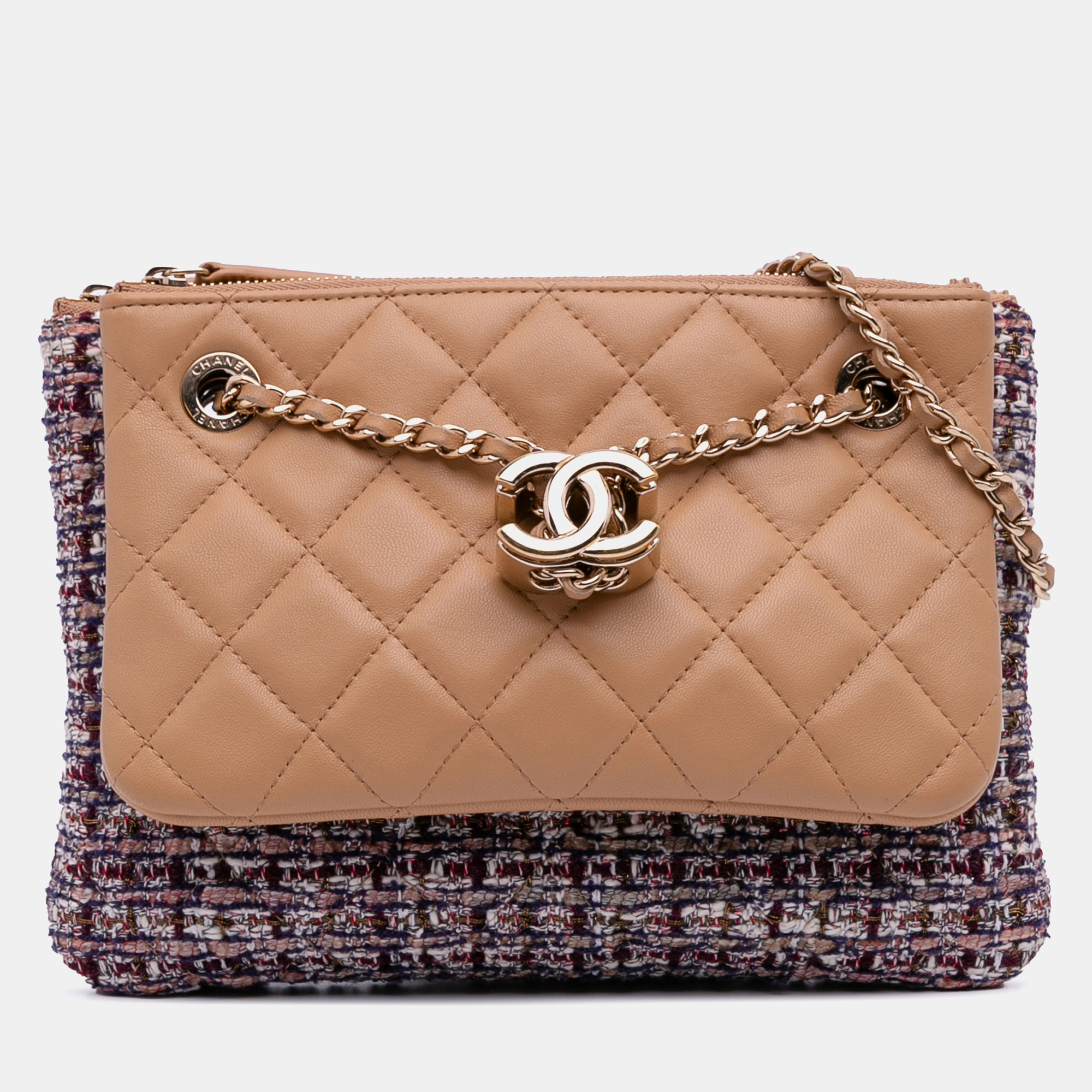

Chanel Brown Quilted Lambskin and Tweed Double Case with Chain
