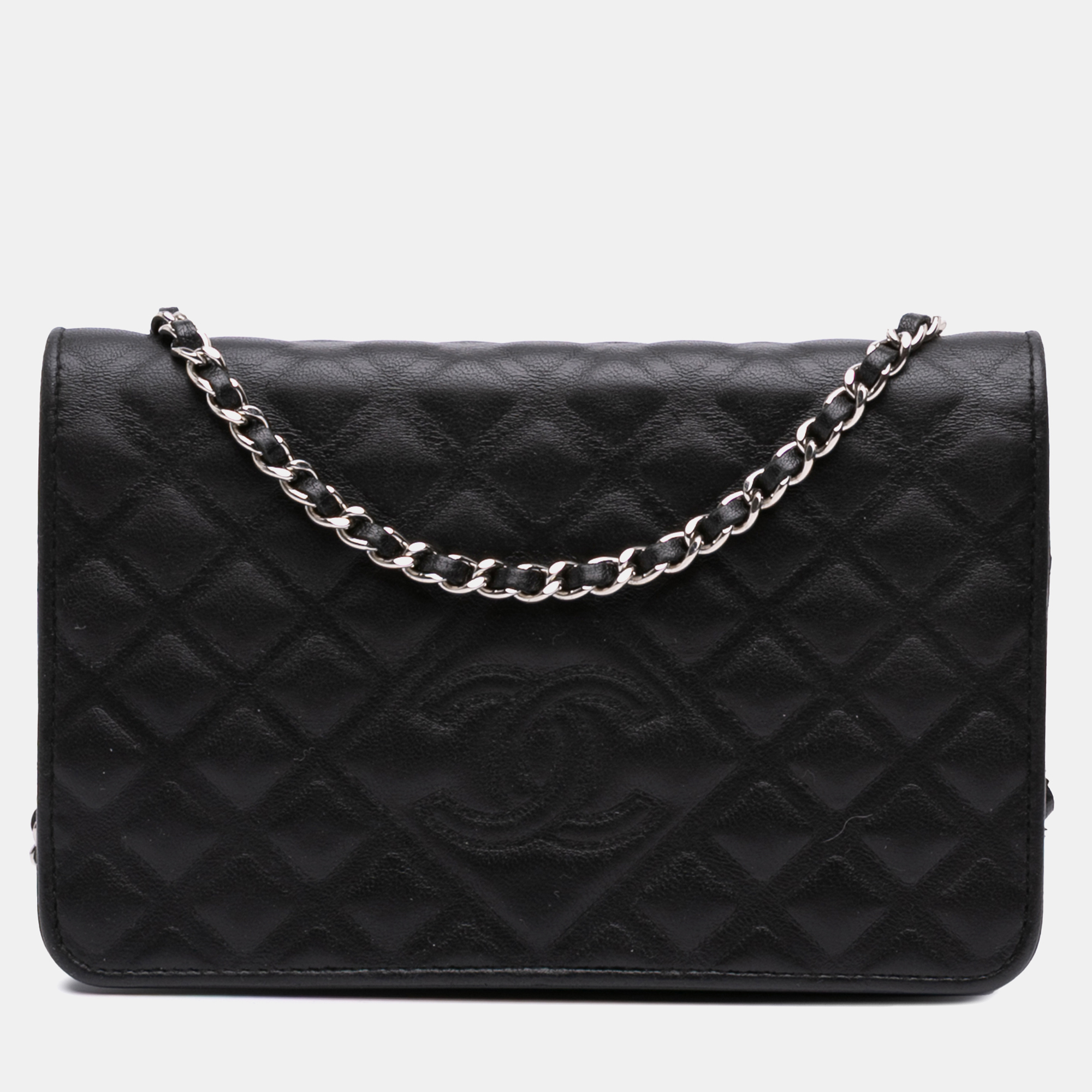 Pre-owned Chanel Black Cc Embossed Calfskin Diamond Wallet On Chain