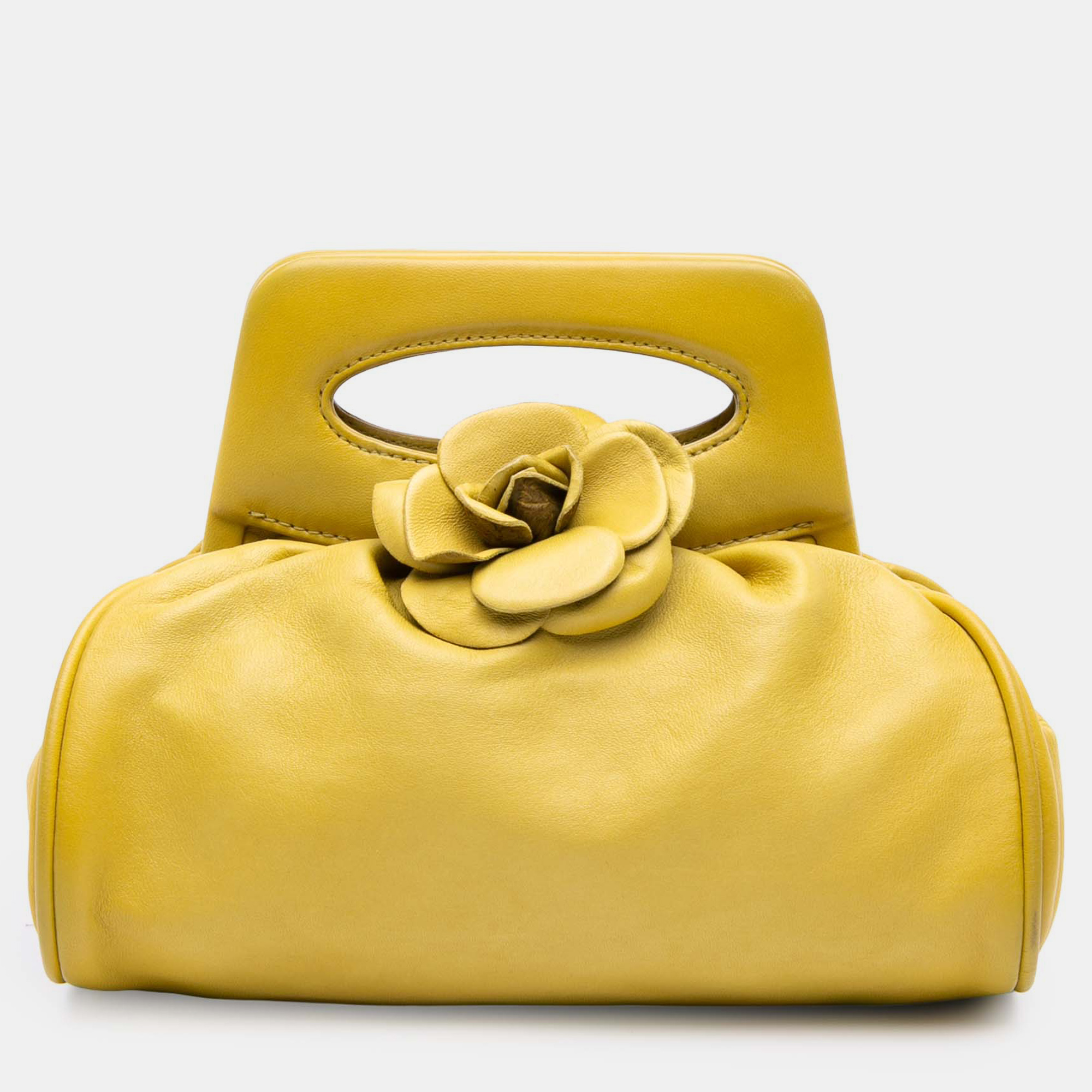 Pre-owned Chanel Yellow Lambskin Camellia Frame Clutch