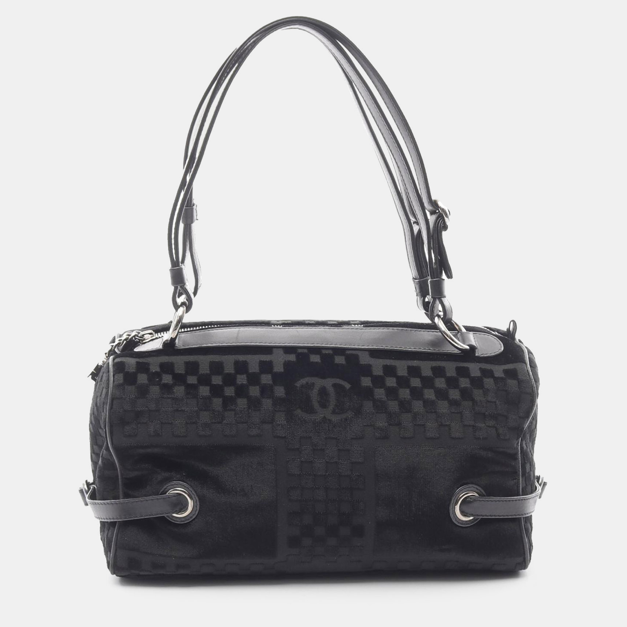 Pre-owned Chanel Black Cc Check Embossed Velvet Belted Side Shoulder Bag