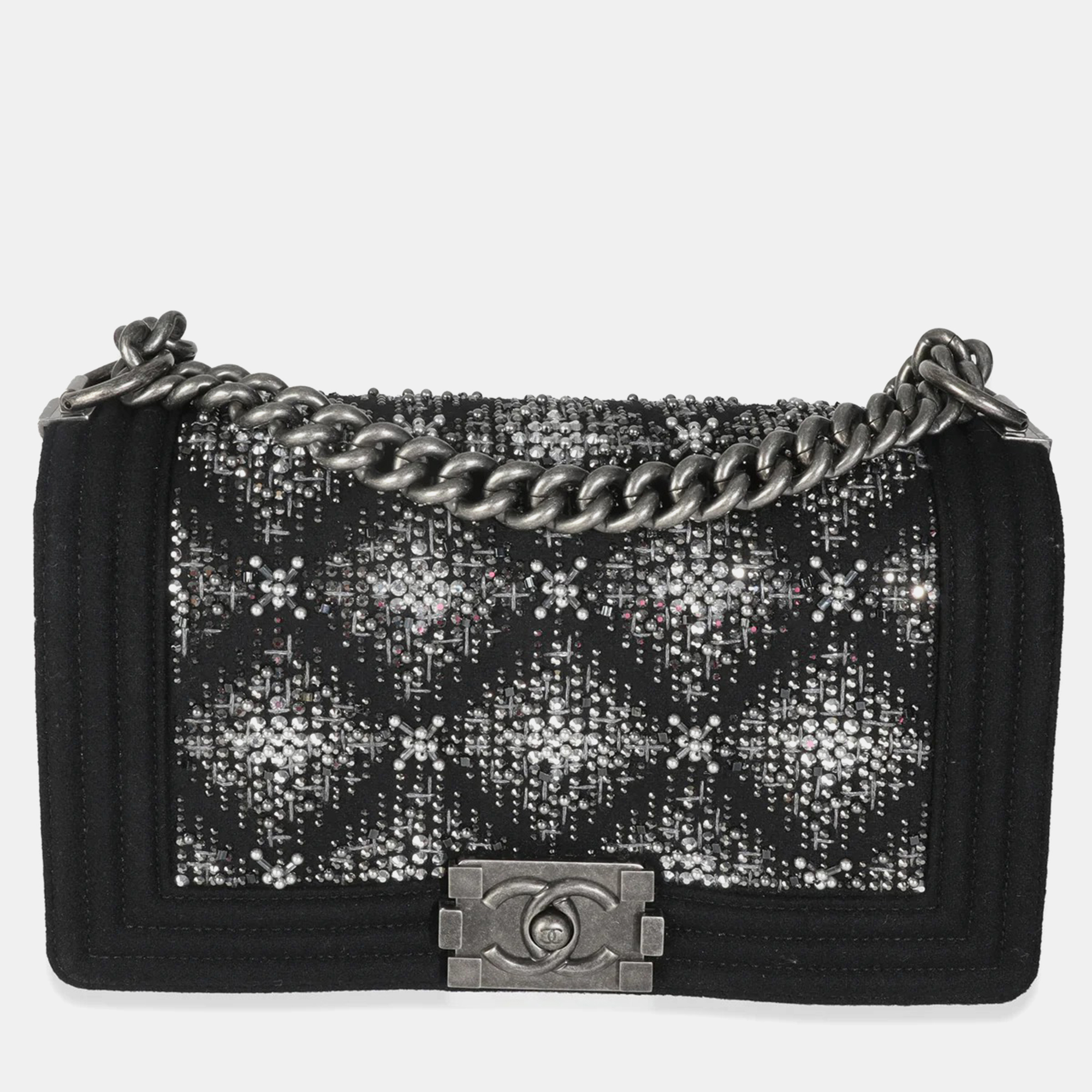 Pre-owned Chanel Black Jersey Strass Old Medium Boy Bag
