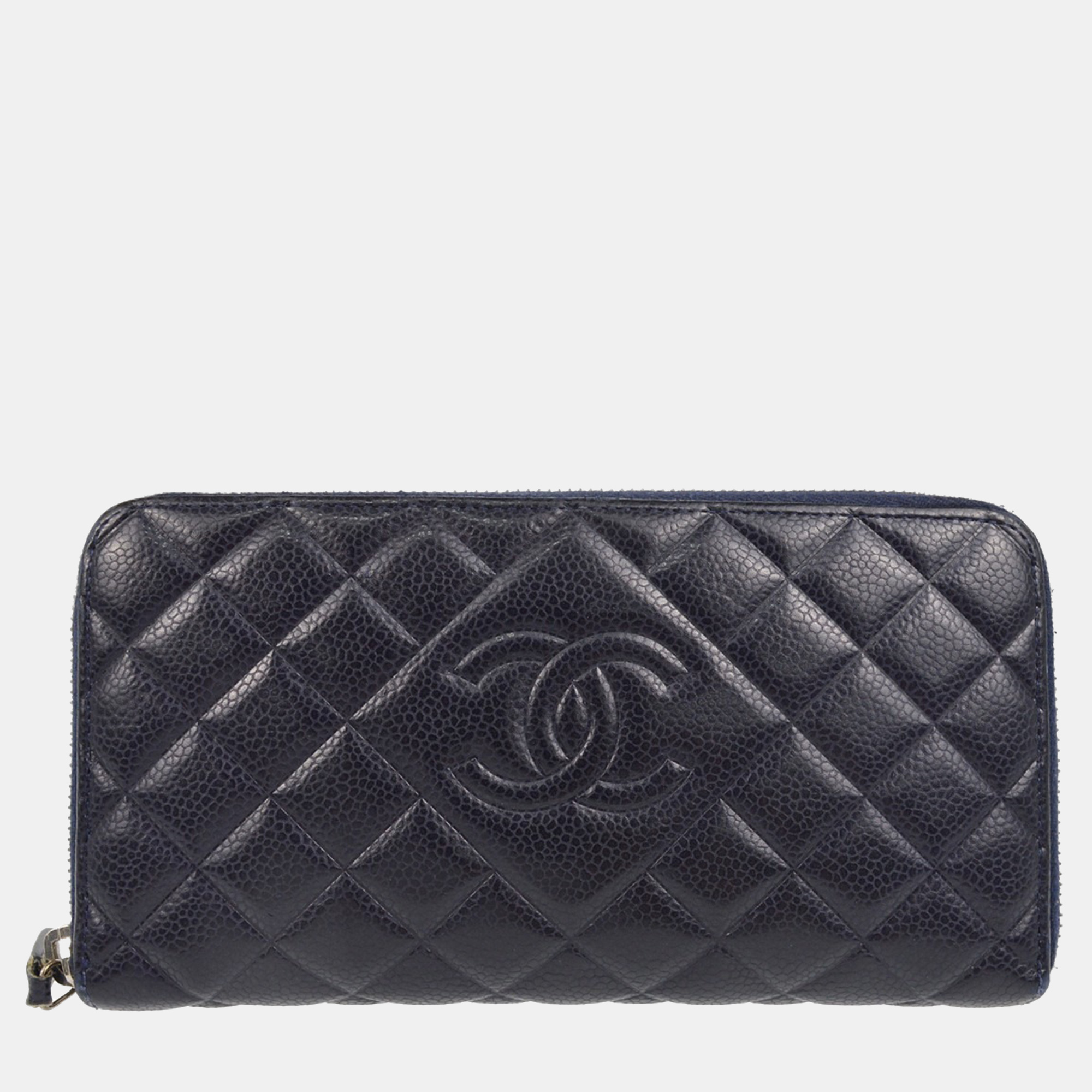 

Chanel Navy Calfskin Zip Around Long Wallet, Navy blue