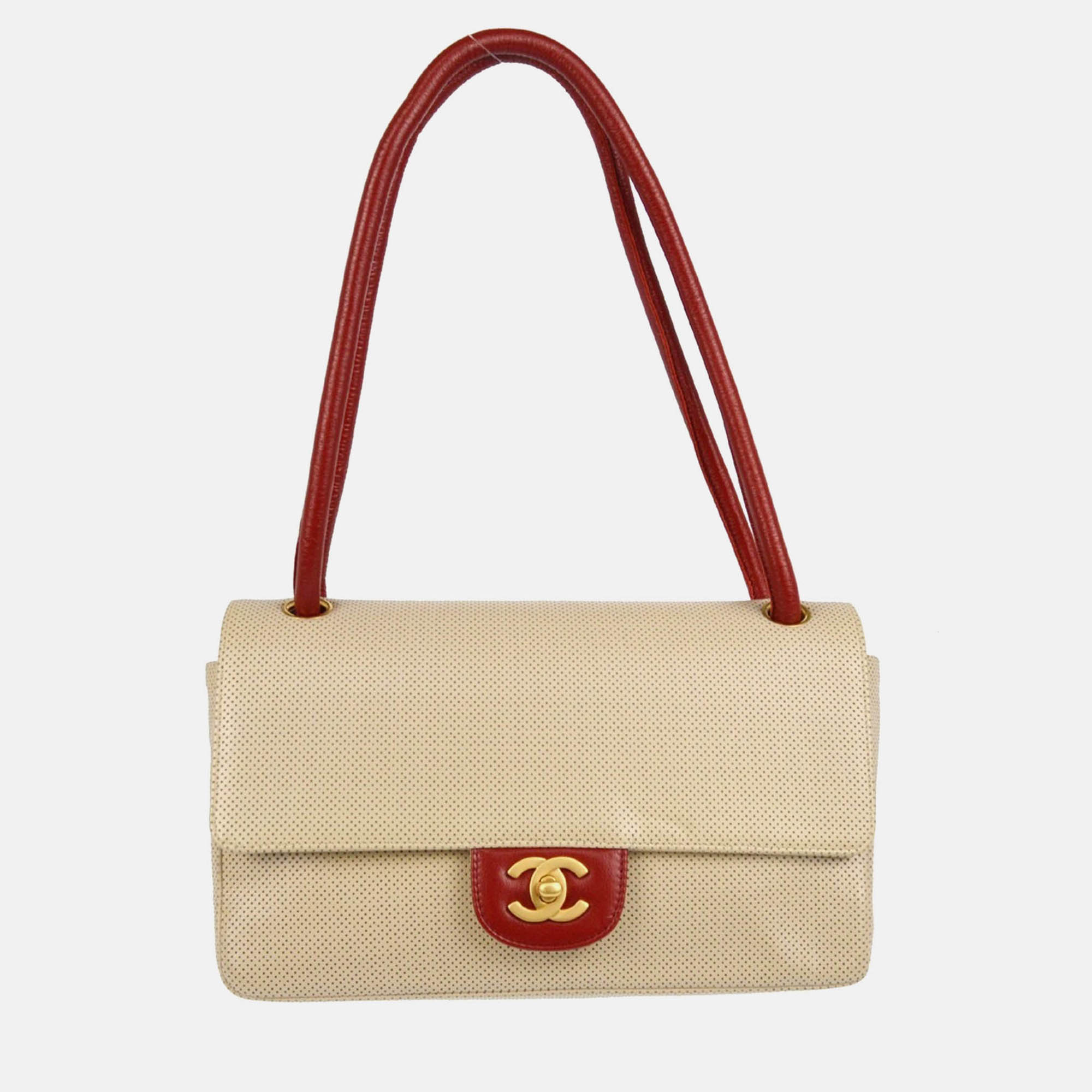 

Chanel Single Flap Beige Red Perforated Lambskin Shoulder Bag