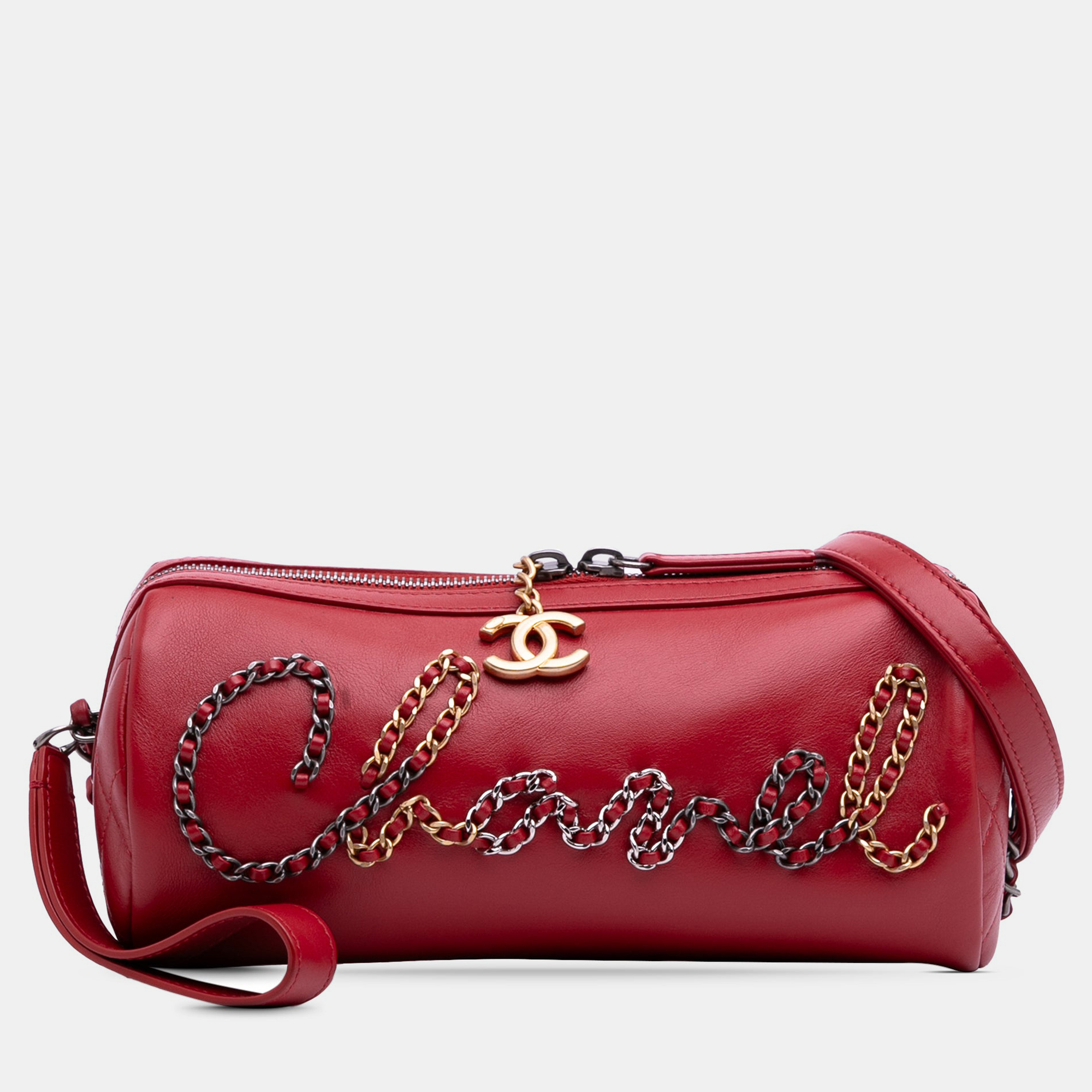 

Chanel 20s Bowling Red Calfskin Leather Shoulder Bag