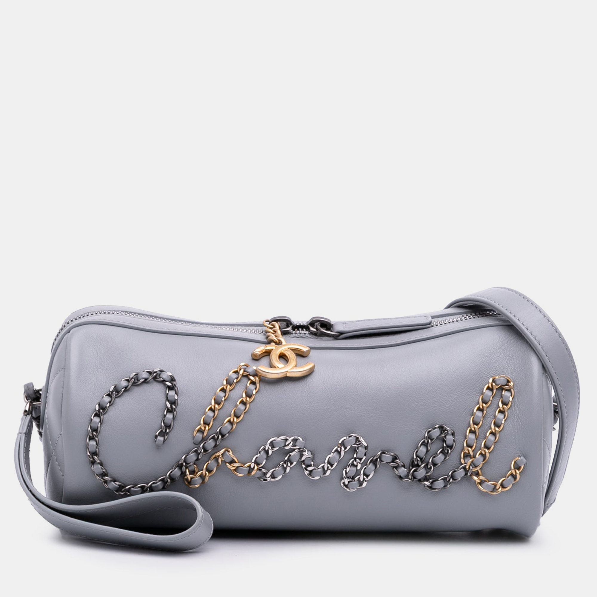 

Chanel 20s Bowling Gray Calfskin Leather Shoulder Bag, Grey