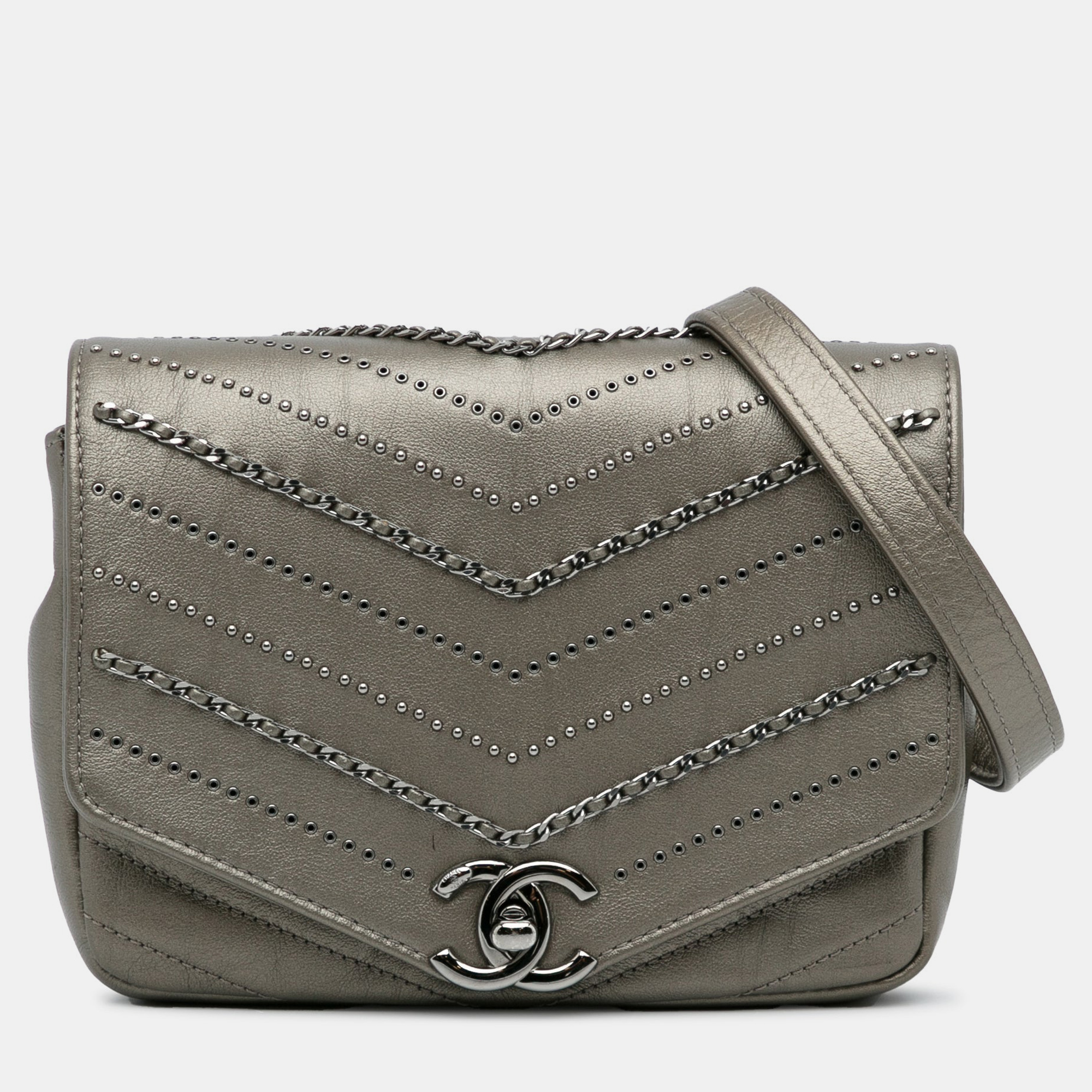 

Chanel Chevron Square Envelop Flap Gray Embellished Calfskin Leather Shoulder Bag, Grey