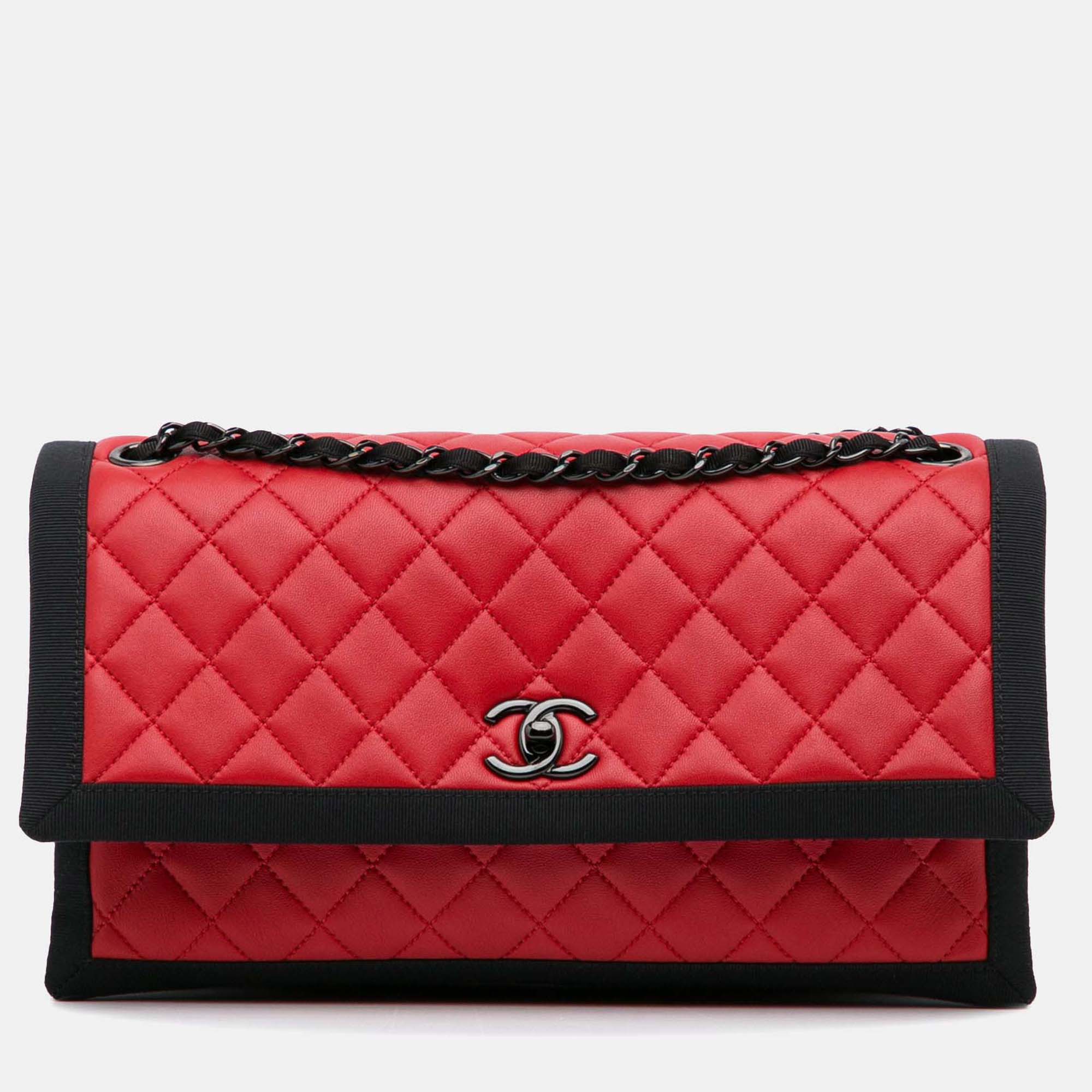 

Chanel Quilted Two Tone Flap Red Lambskin and Grosgrain Leather Shoulder Bag