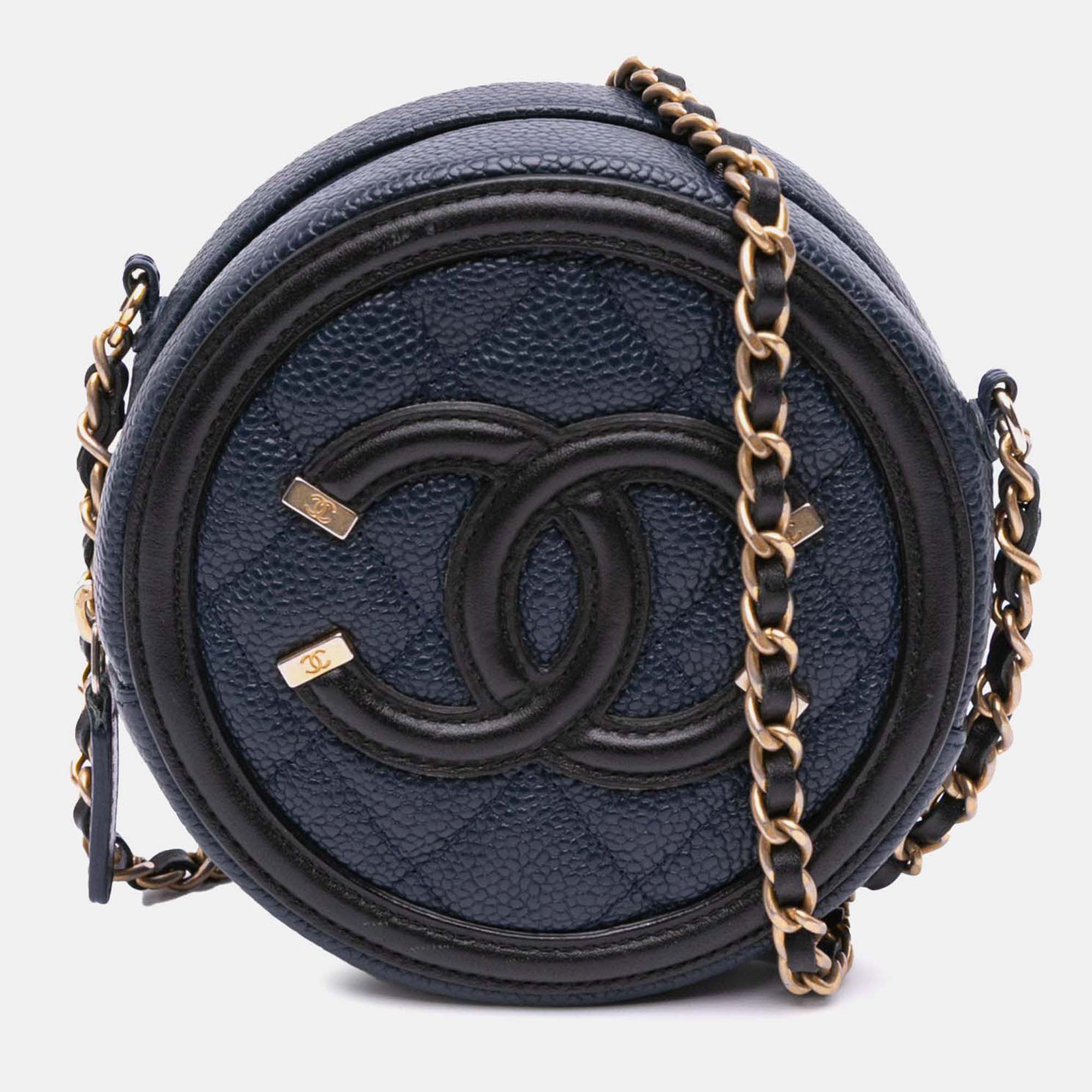 

Chanel CC Filigree Round Blue Caviar Crossbody Bag