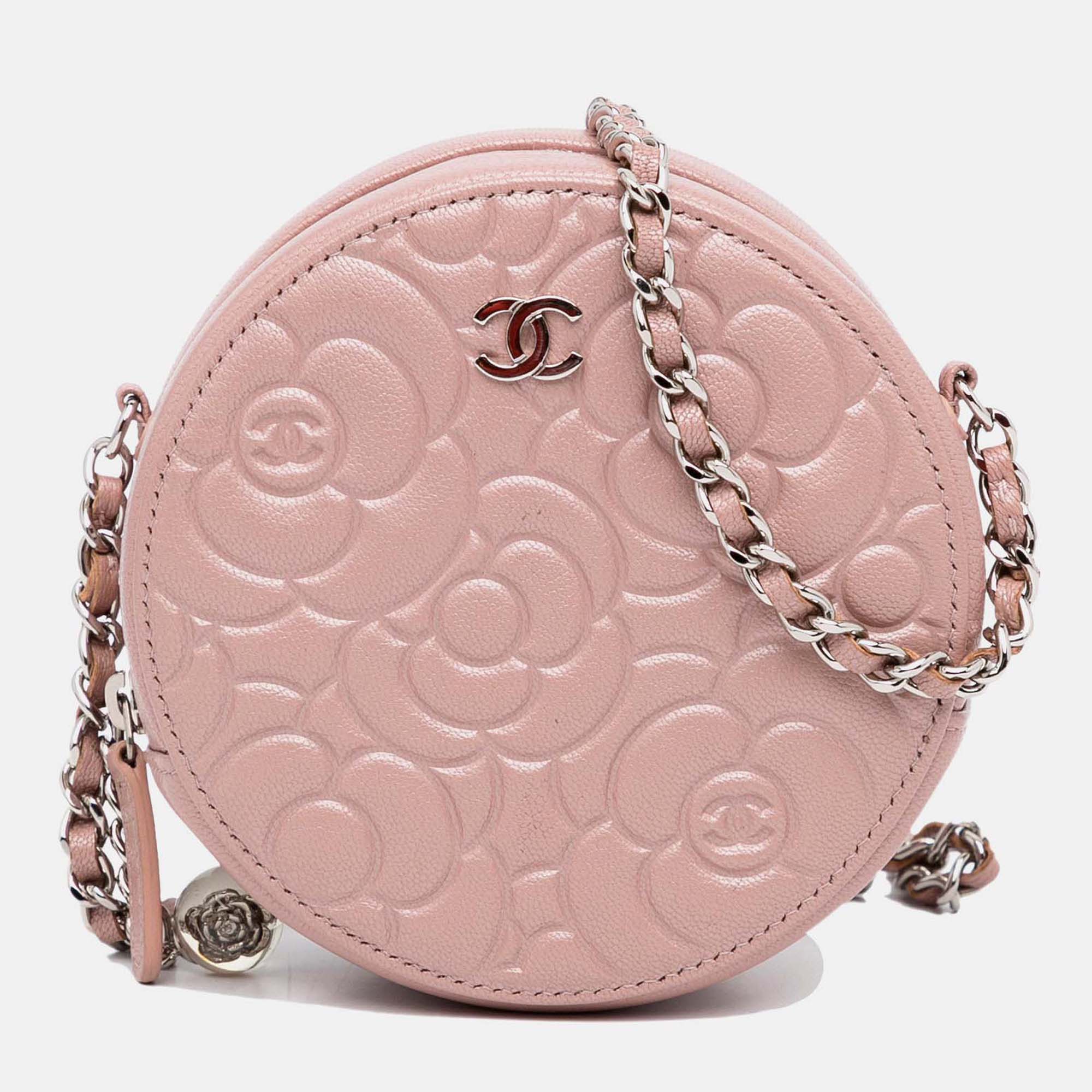 

Chanel Camellia Round Brown Goatskin Chain Clutch Bag