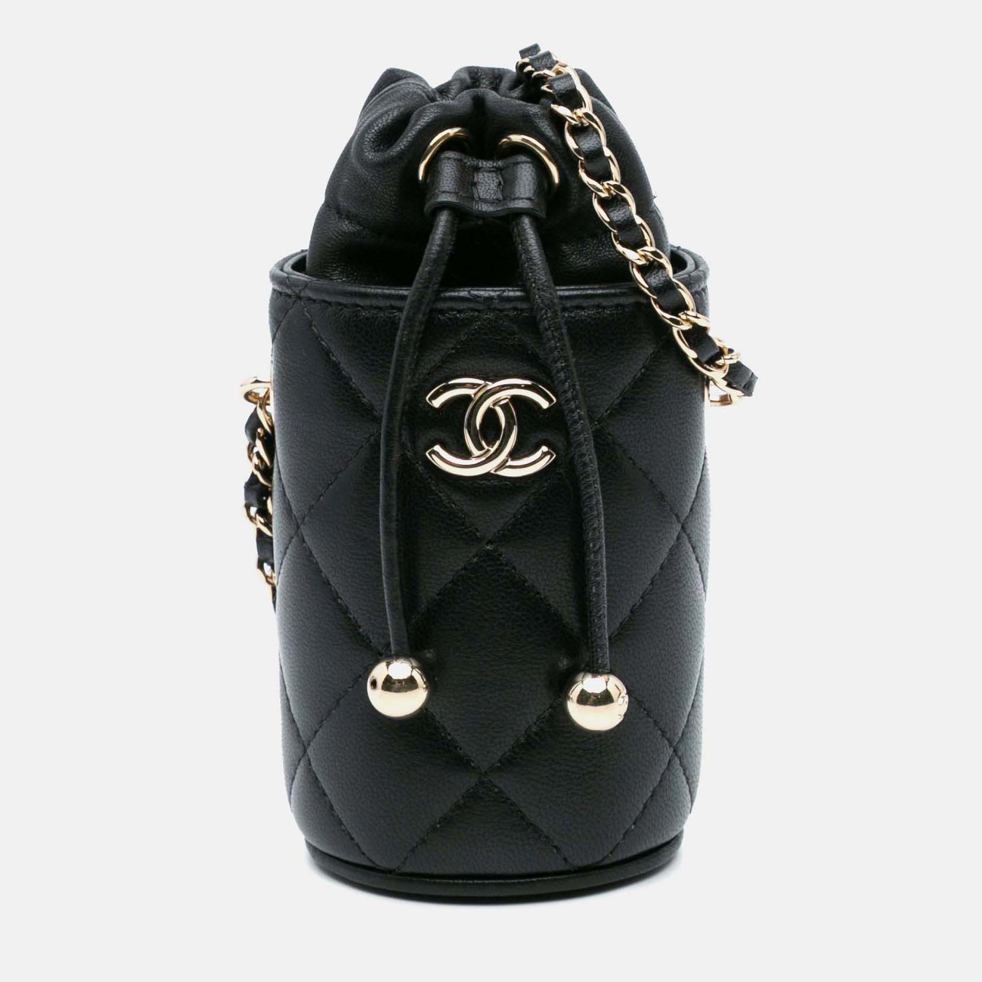 

Chanel Drawstring Bucket Micro Black Quilted Lambskin Shoulder Bag