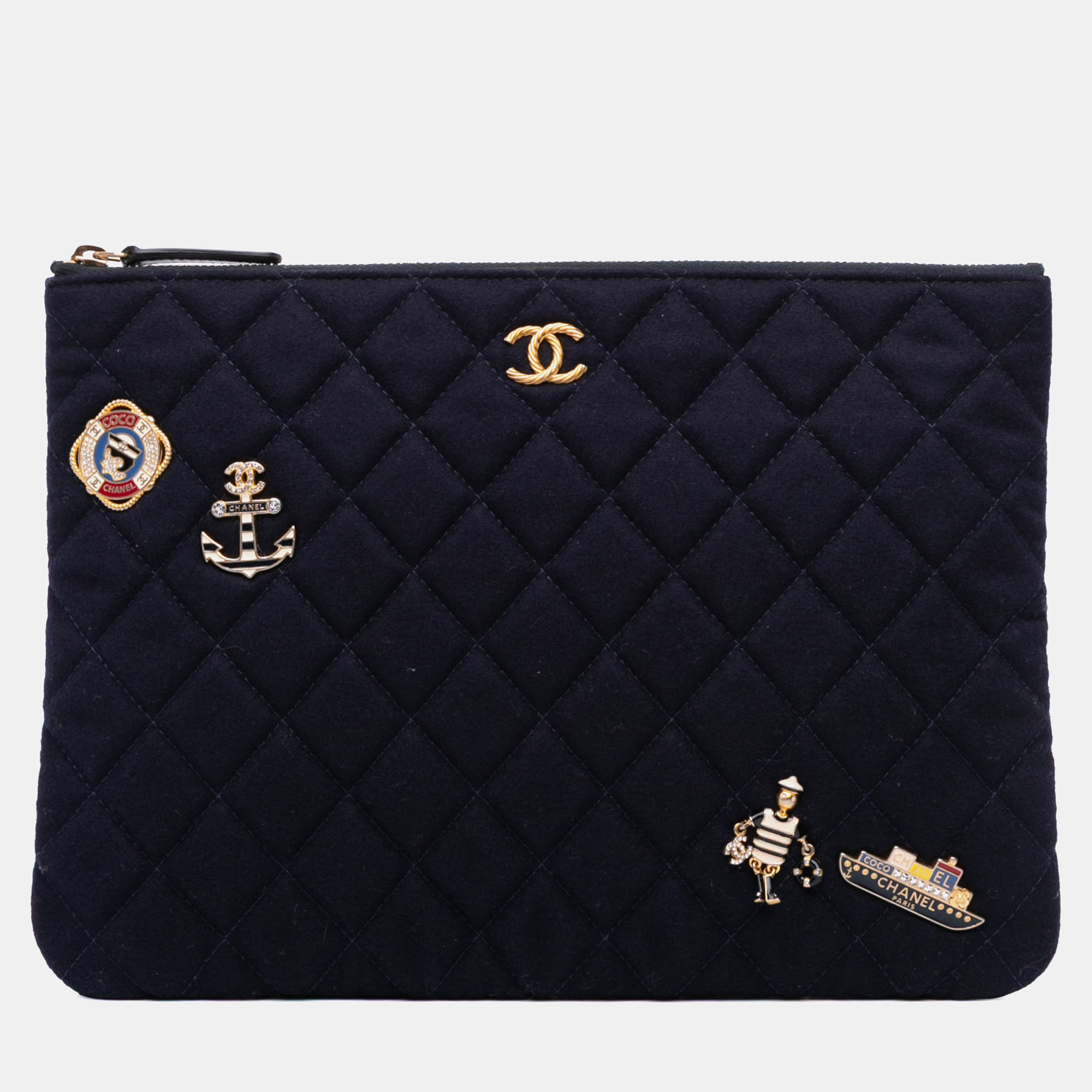 Pre-owned Chanel Navy Blue Paris Hamburg Medium Quilted Wool Coco Sailor Charms O Case Clutch