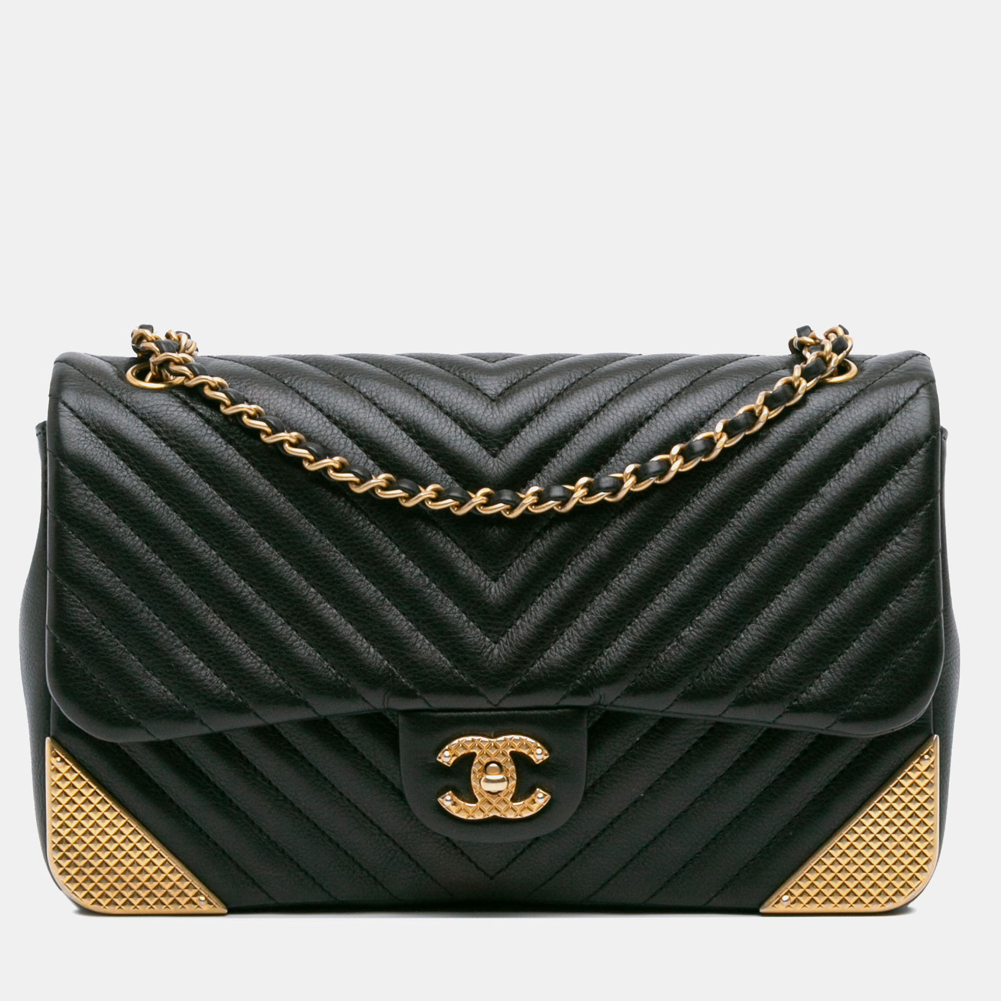 

Chanel Black/Gold Calfskin Chevron Rock The Corner Flap Bag