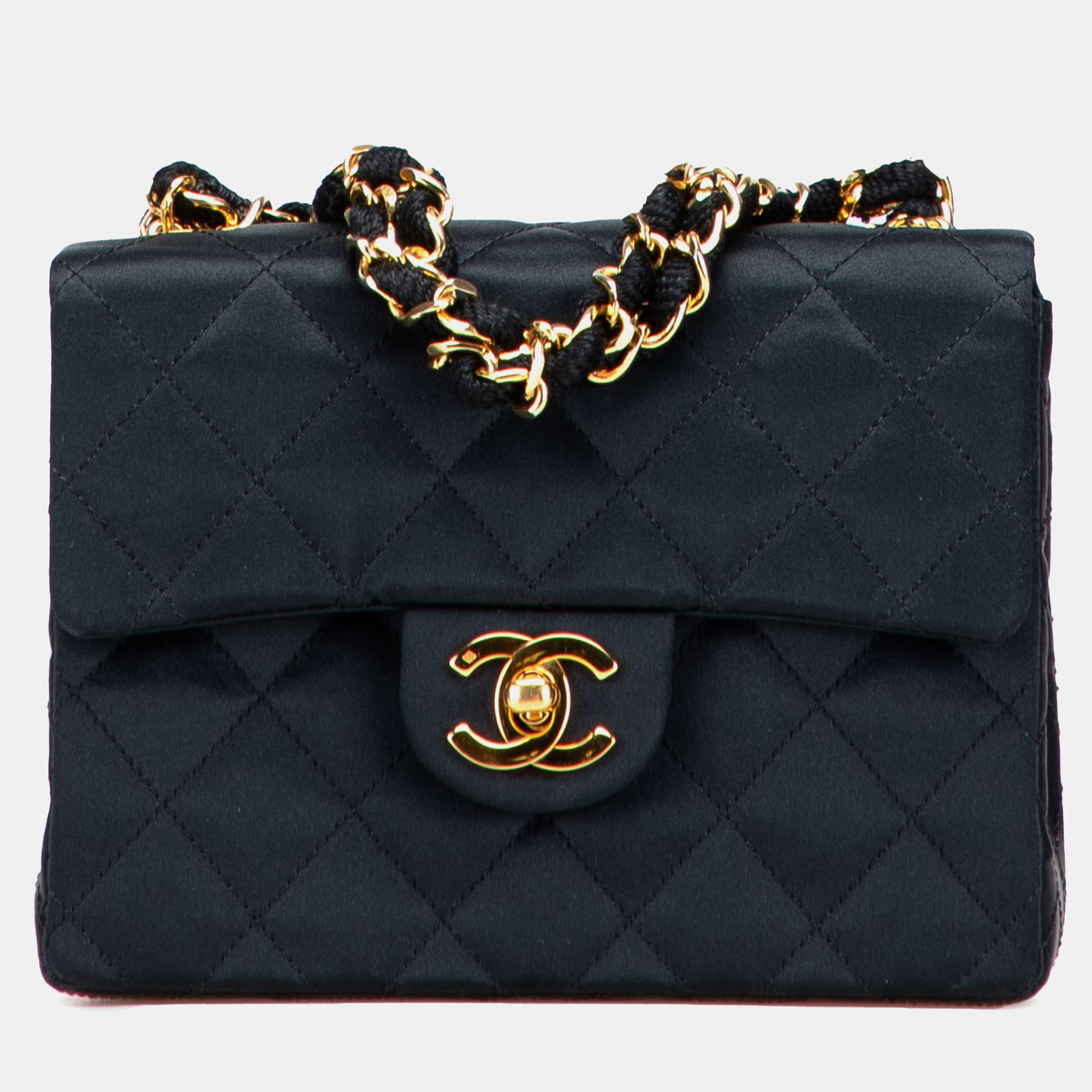 Pre-owned Chanel Black Mini Square Quilted Satin Single Flap Bag