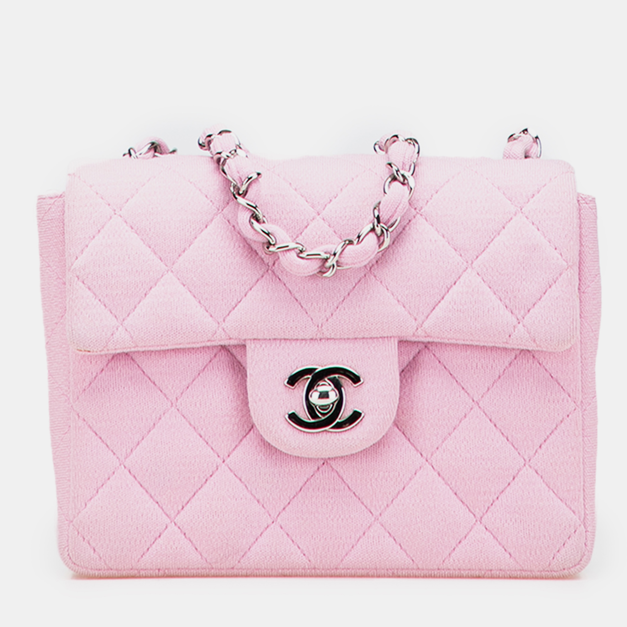 

Chanel Pink Mini Square Classic Jersey Single Flap