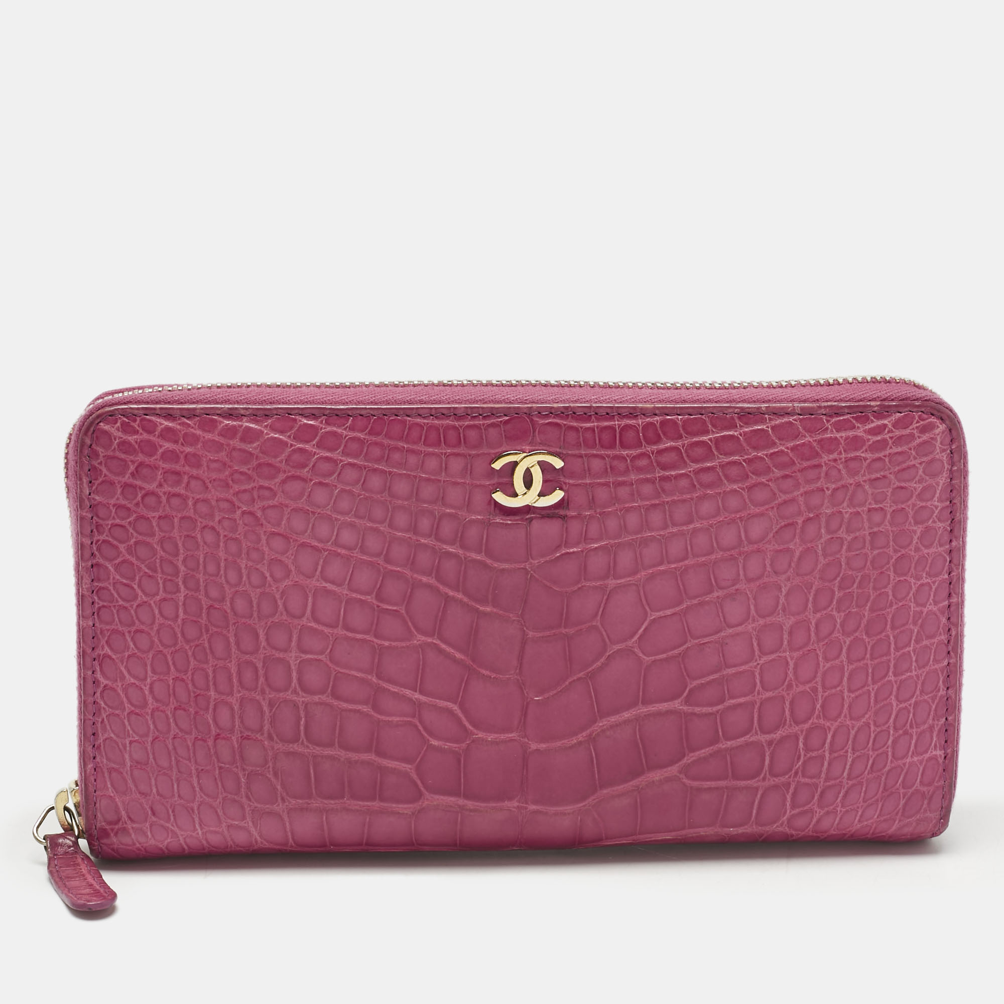 Pre-owned Chanel Pink Crocodile Cc Cc Zip Around Wallet