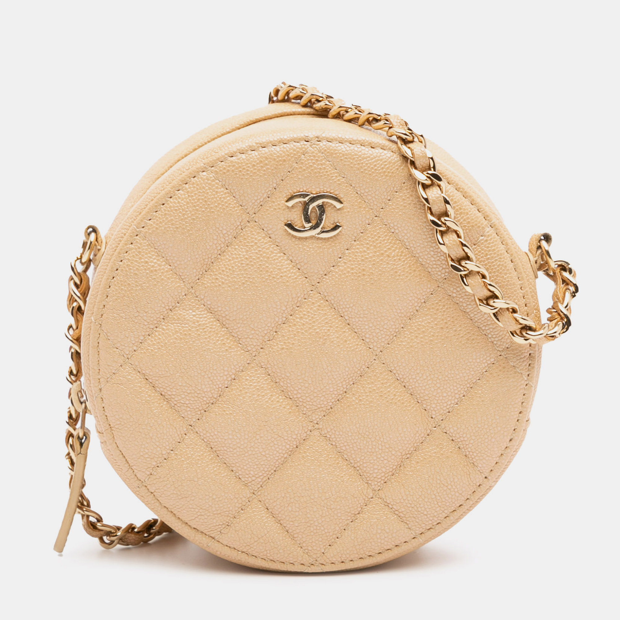 

Chanel Beige Quilted Caviar Round Clutch With Chain